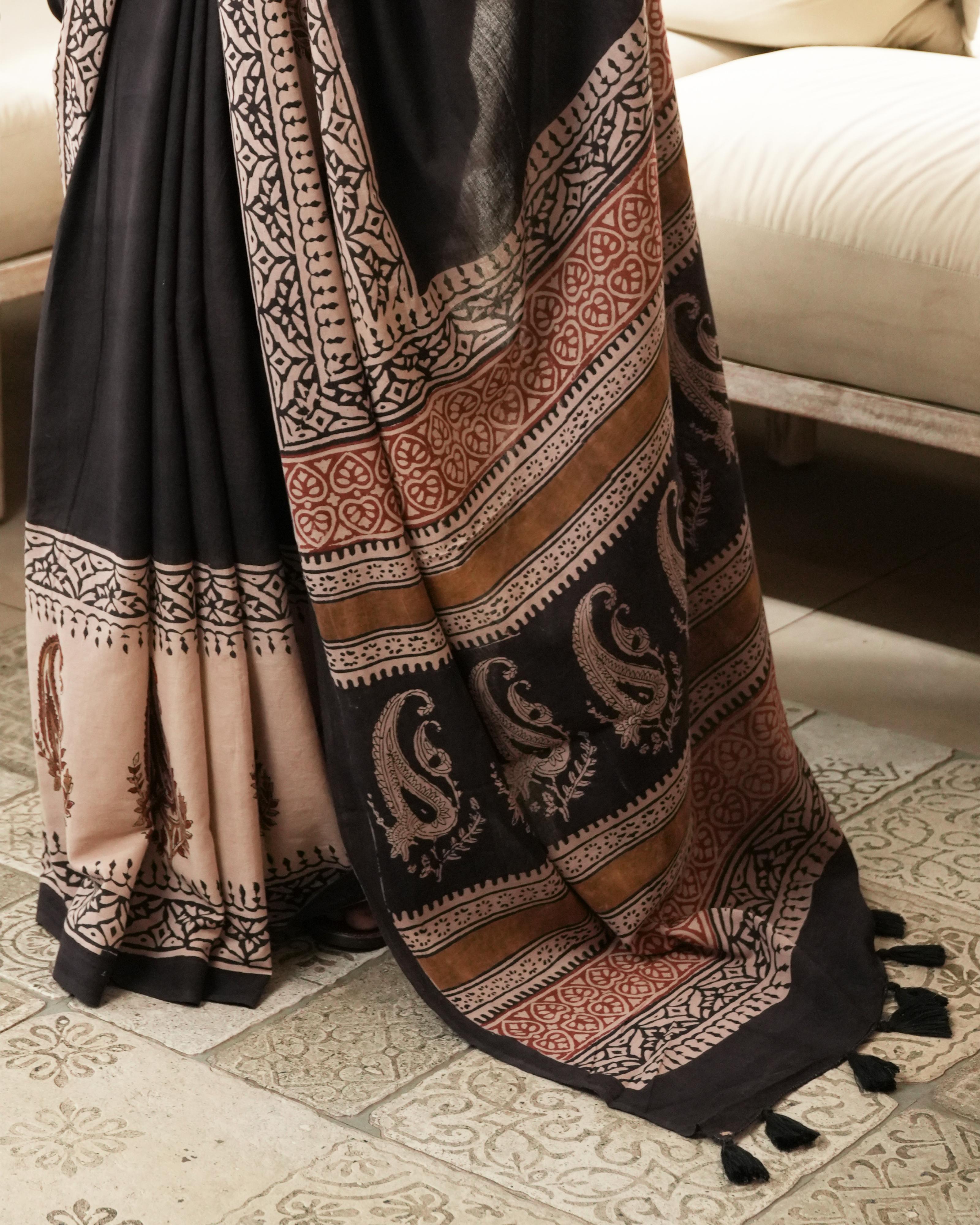 Bagru Print Mul Cotton Saree | Black Paisley Border for Office & Cultural Moments