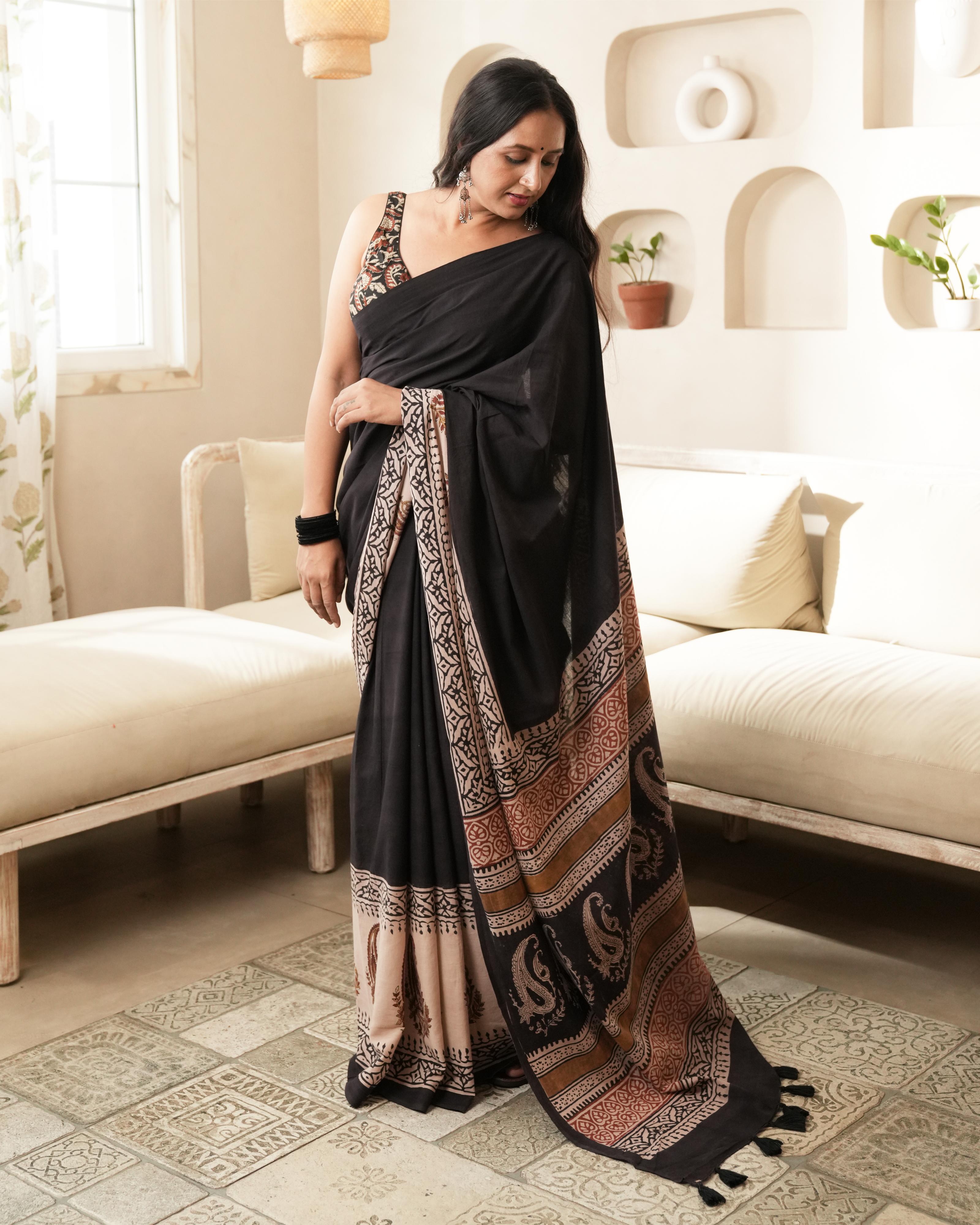 Bagru Print Mul Cotton Saree | Black Paisley Border for Office & Cultural Moments