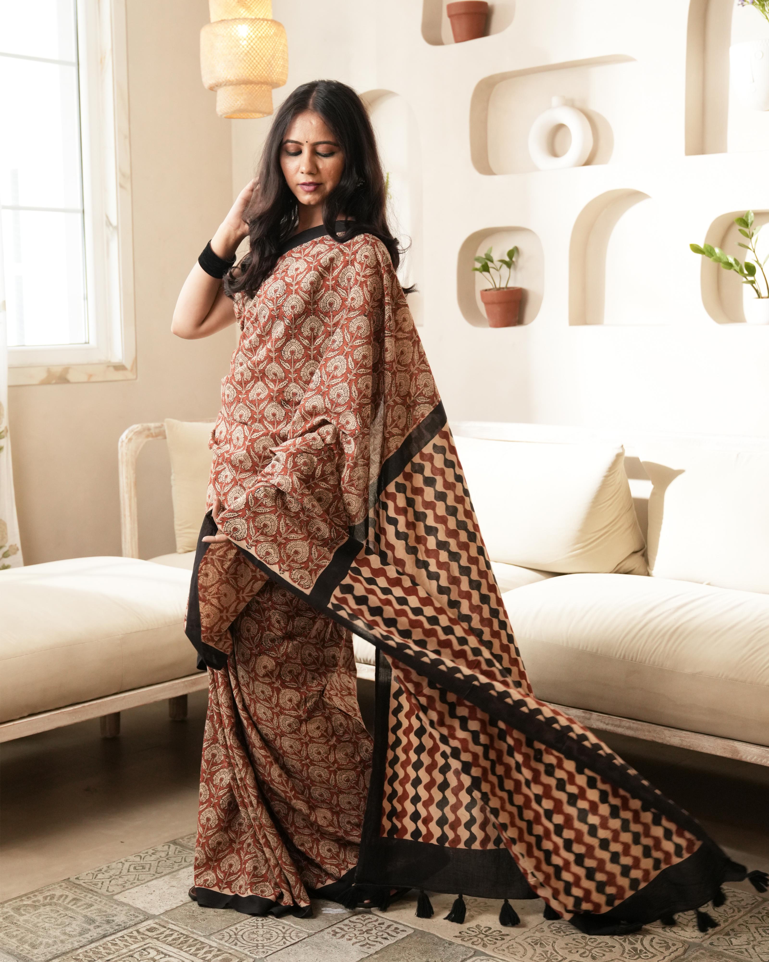 Bagru Print Mul Cotton Saree | Red Floral for Office, Poojas & Summer Ethnic Wear