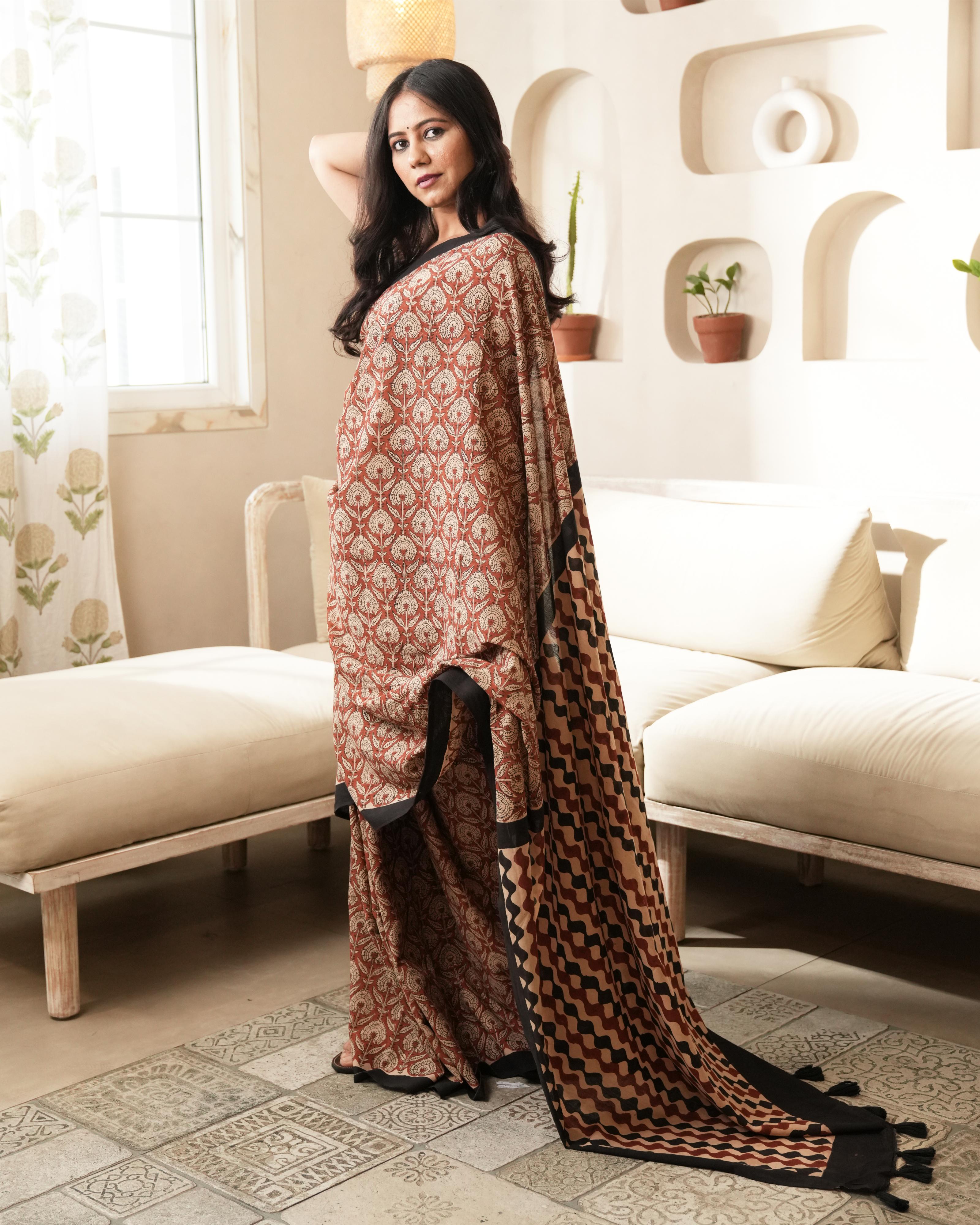 Bagru Print Mul Cotton Saree | Red Floral for Office, Poojas & Summer Ethnic Wear