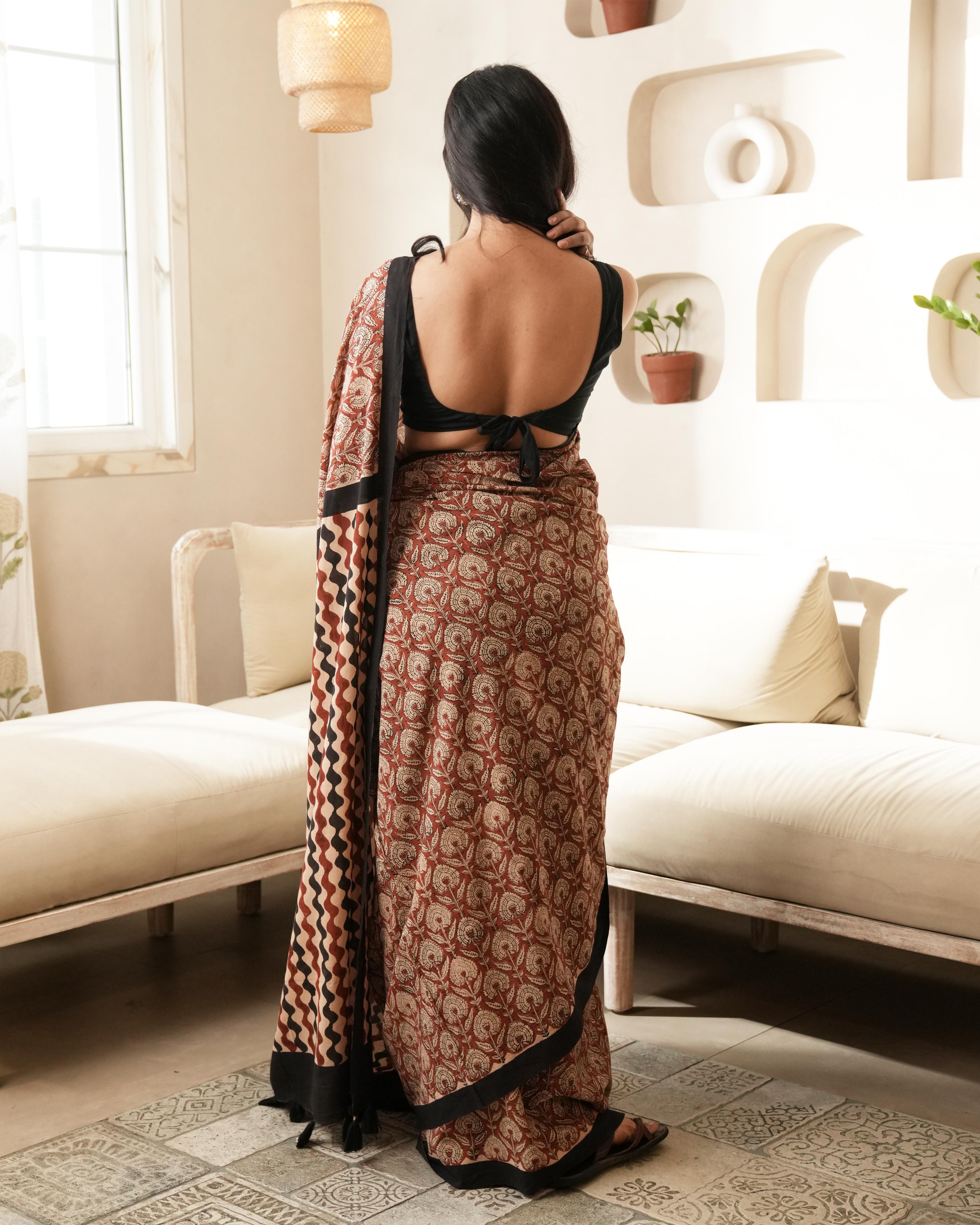 Bagru Print Mul Cotton Saree | Red Floral for Office, Poojas & Summer Ethnic Wear