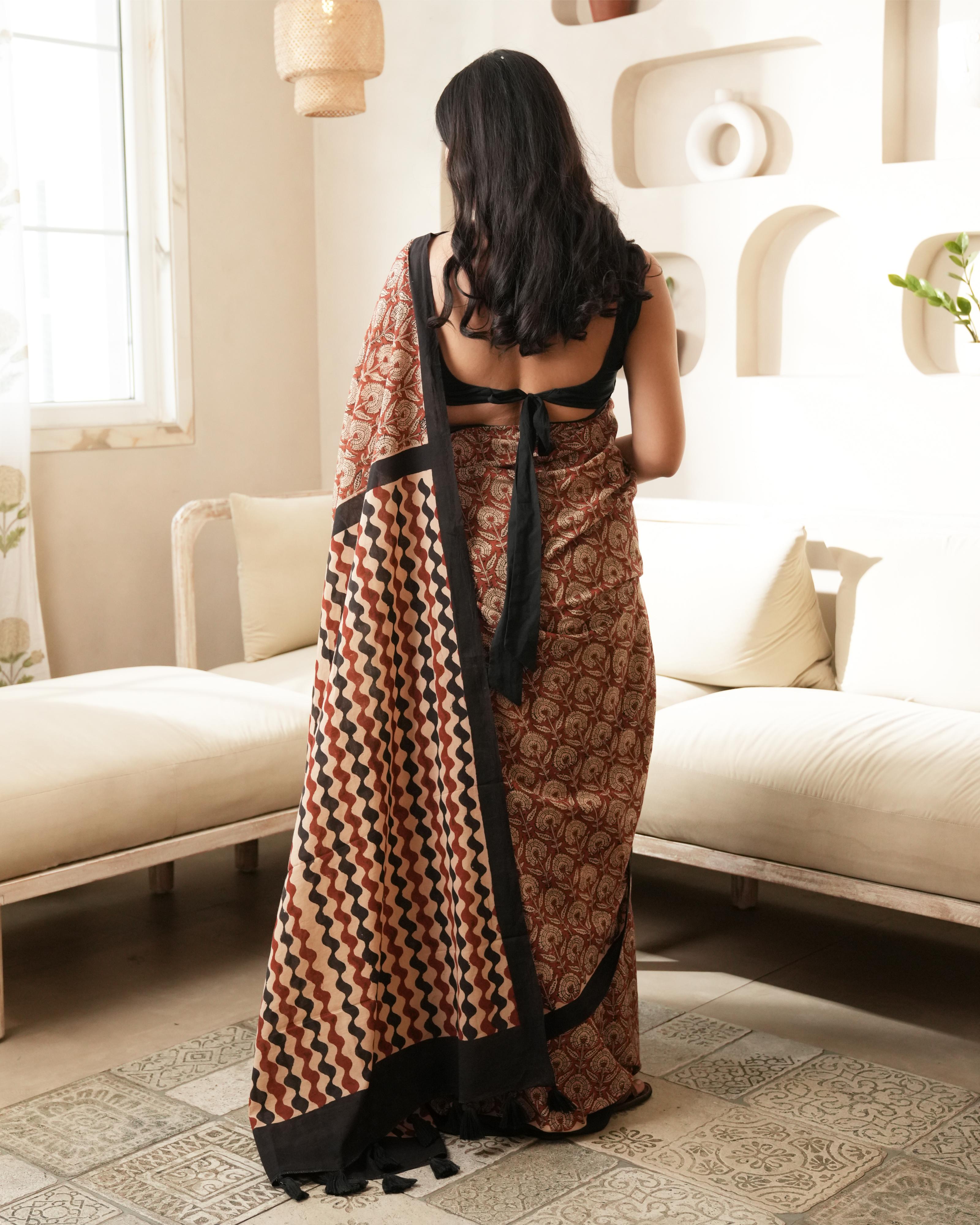Bagru Print Mul Cotton Saree | Red Floral for Office, Poojas & Summer Ethnic Wear