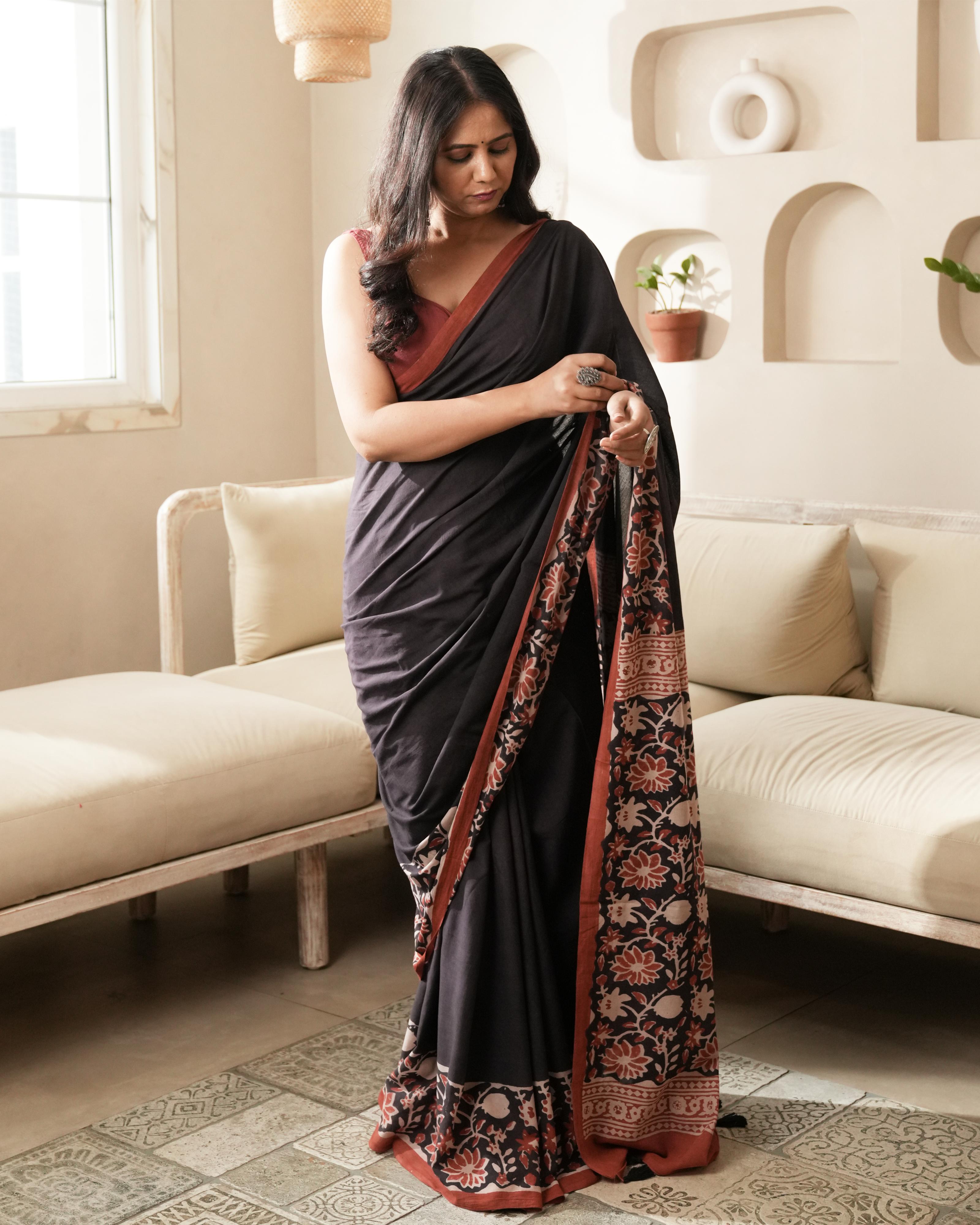 bagru floral border mulmul saree