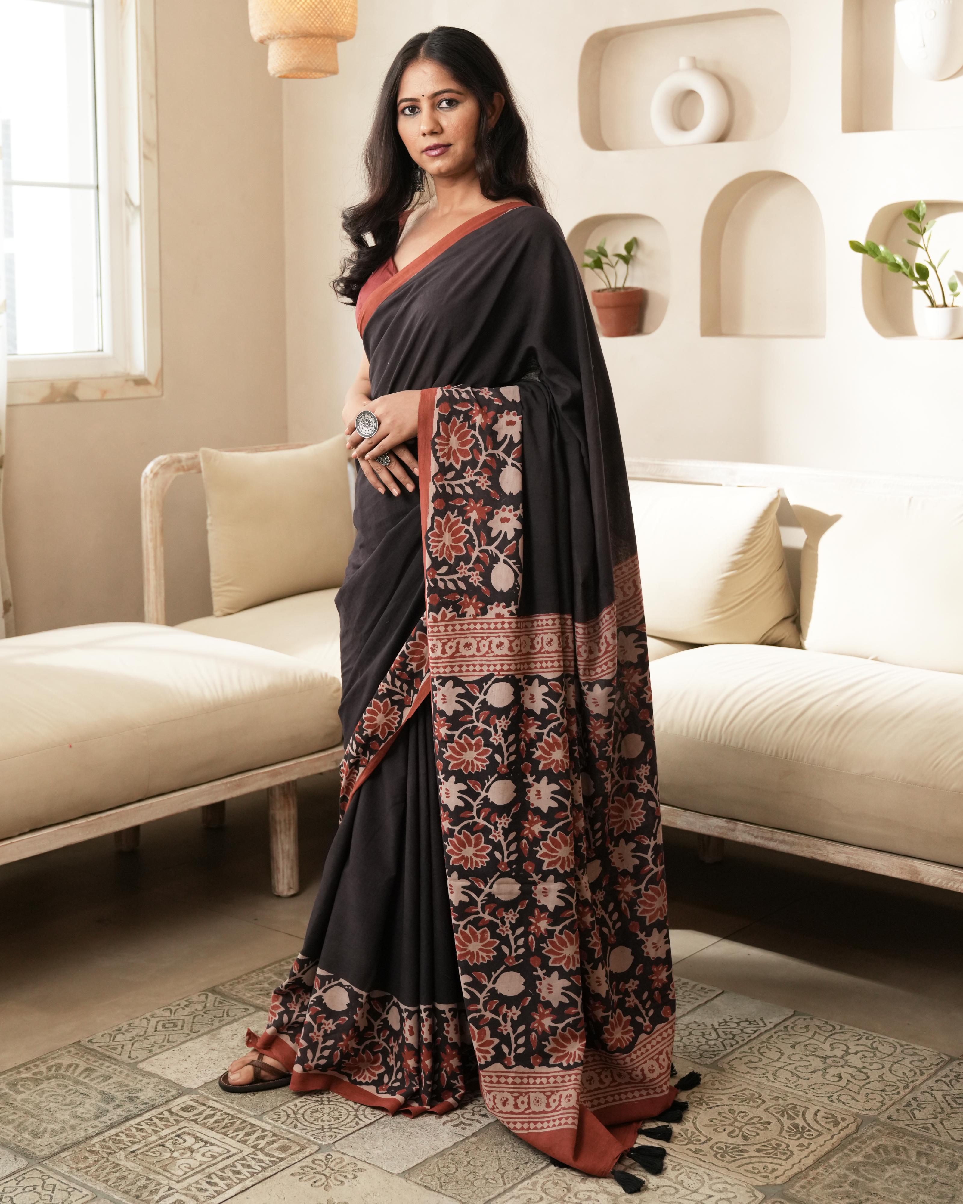 traditional floral block print saree