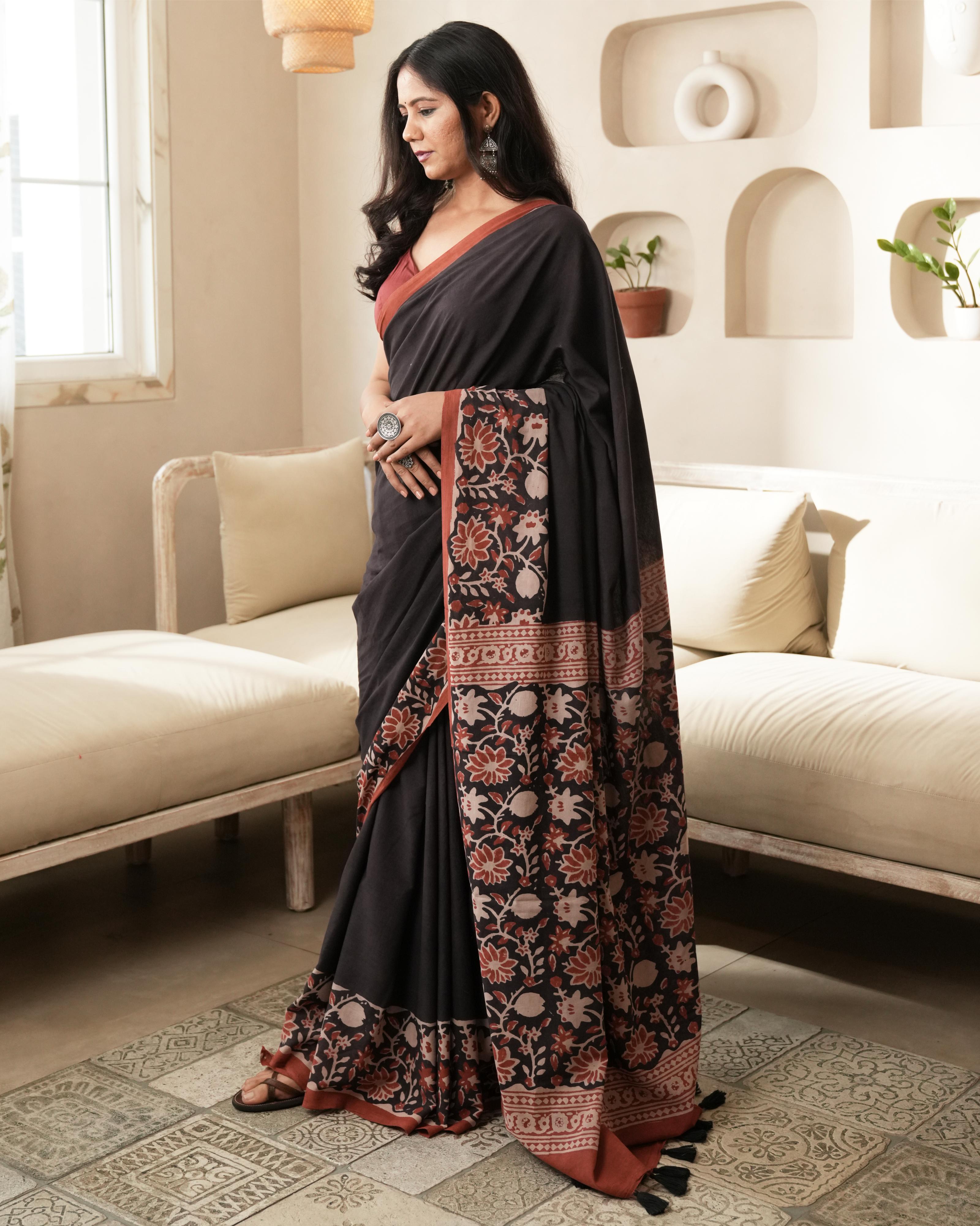 hand printed mul saree floral pattern