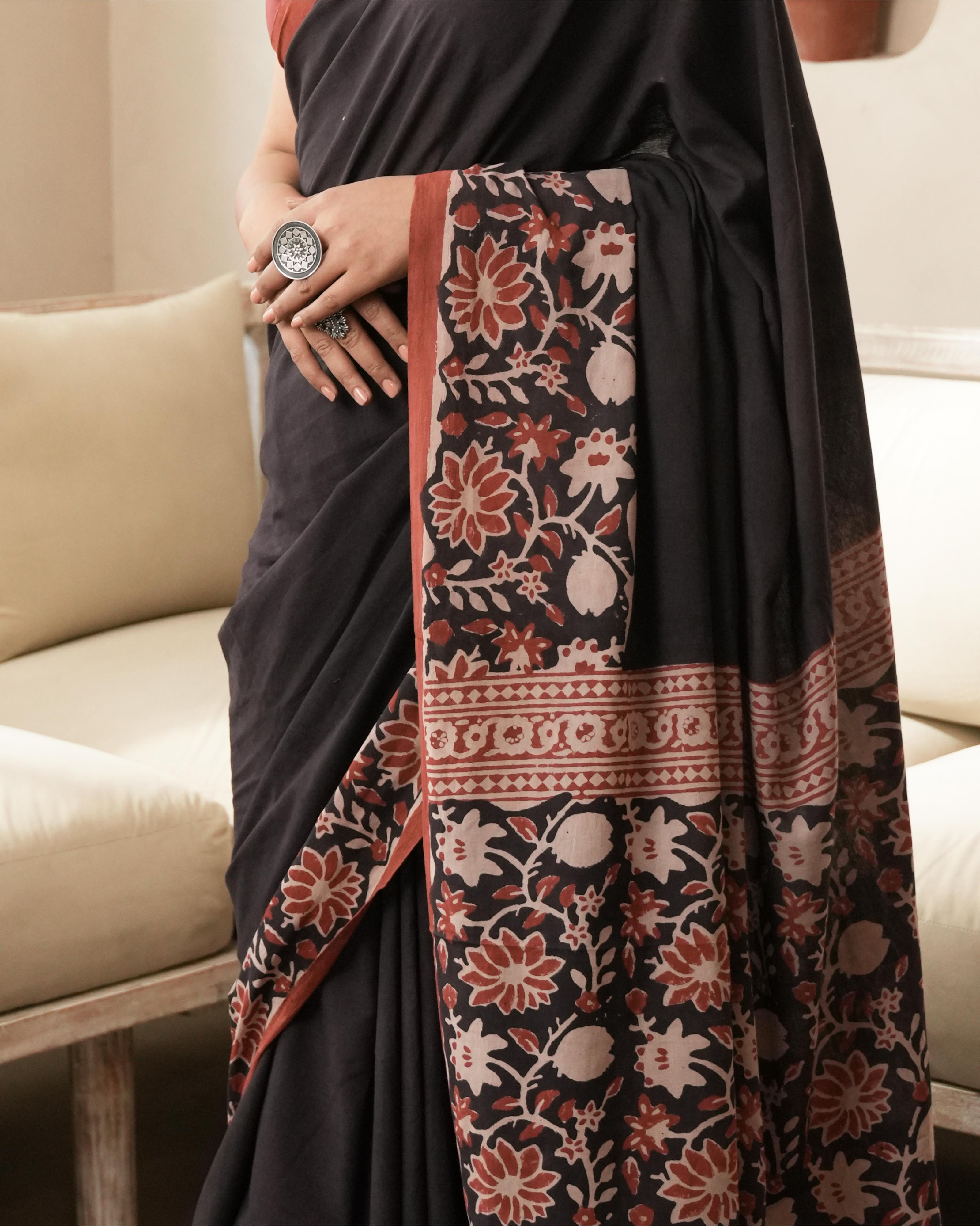 Bagru Print Mul Cotton Saree | Black Floral Jaal Border for Workwear & Festive Looks