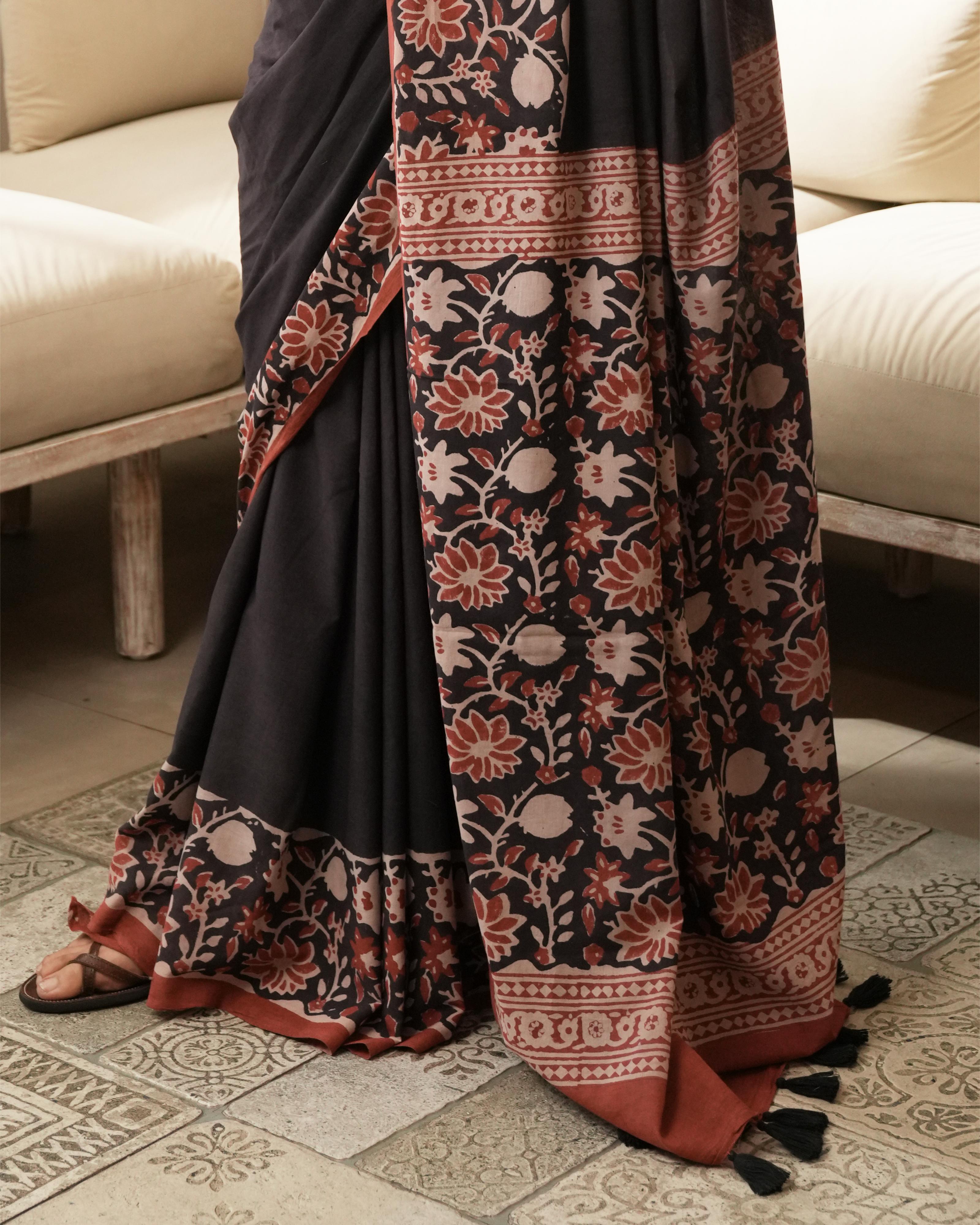 Bagru Print Mul Cotton Saree | Black Floral Jaal Border for Workwear & Festive Looks