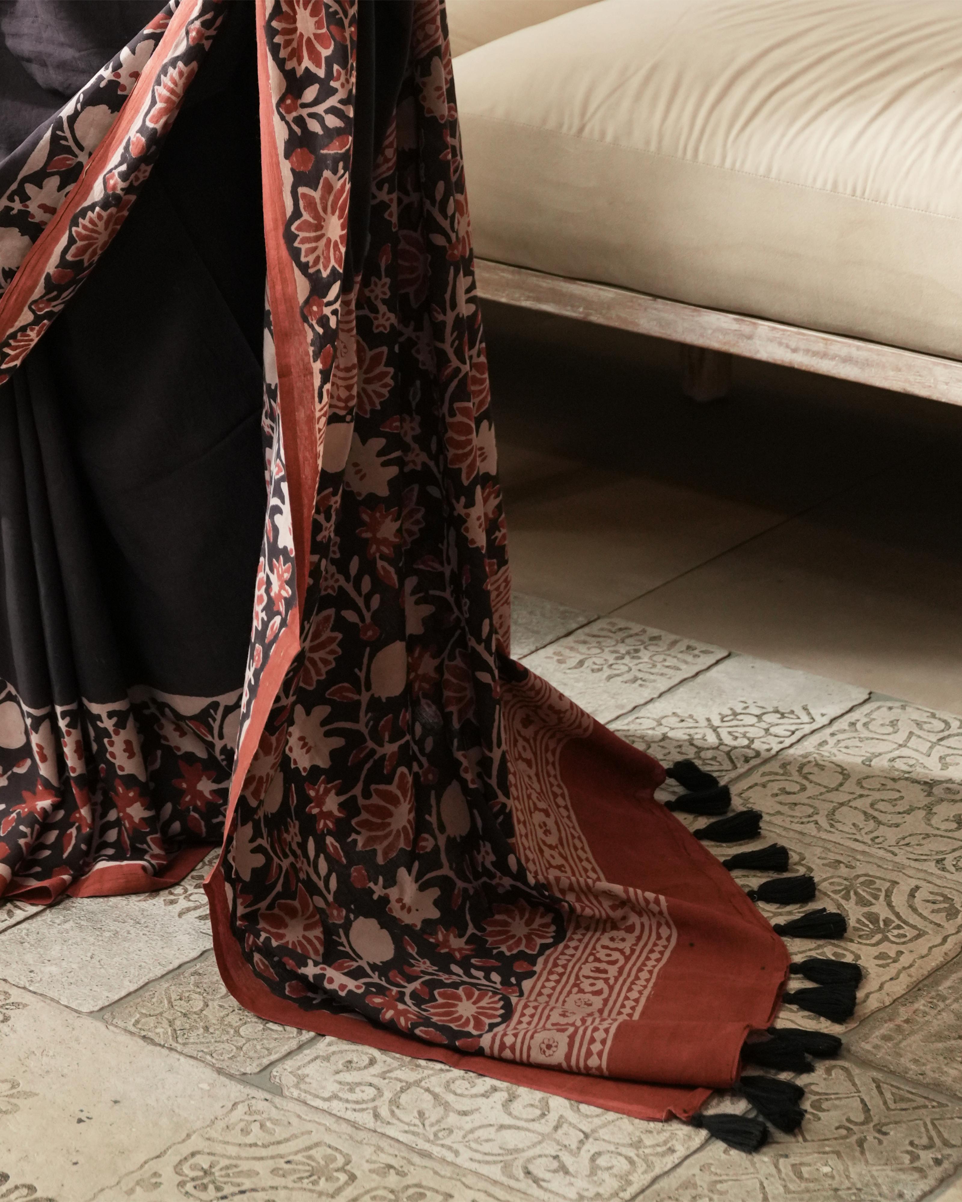 Bagru Print Mul Cotton Saree | Black Floral Jaal Border for Workwear & Festive Looks
