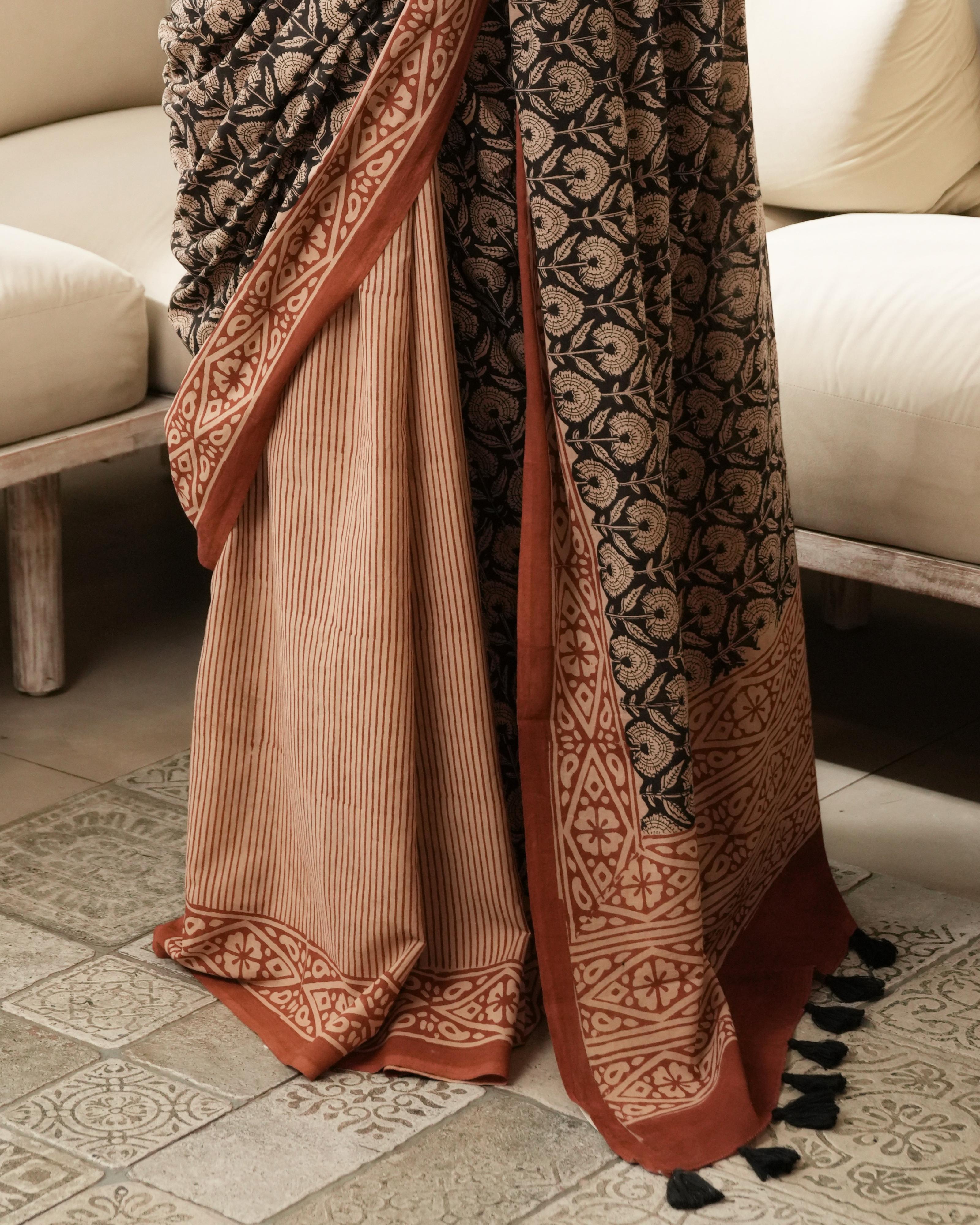 bagru printed cotton saree detail