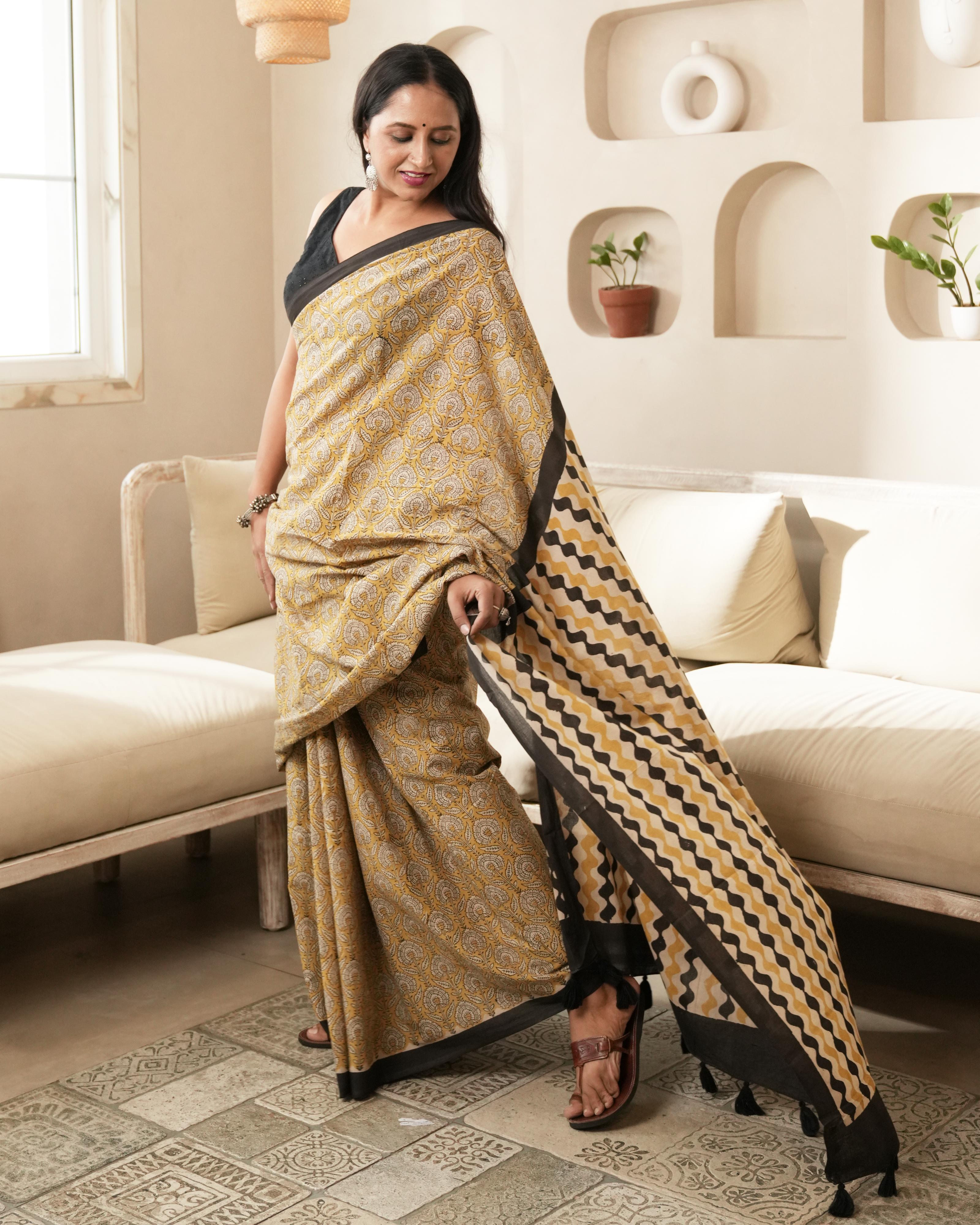 Bagru Print Mul Cotton Saree | Mustard Jaal for Everyday Wear & Cultural Events