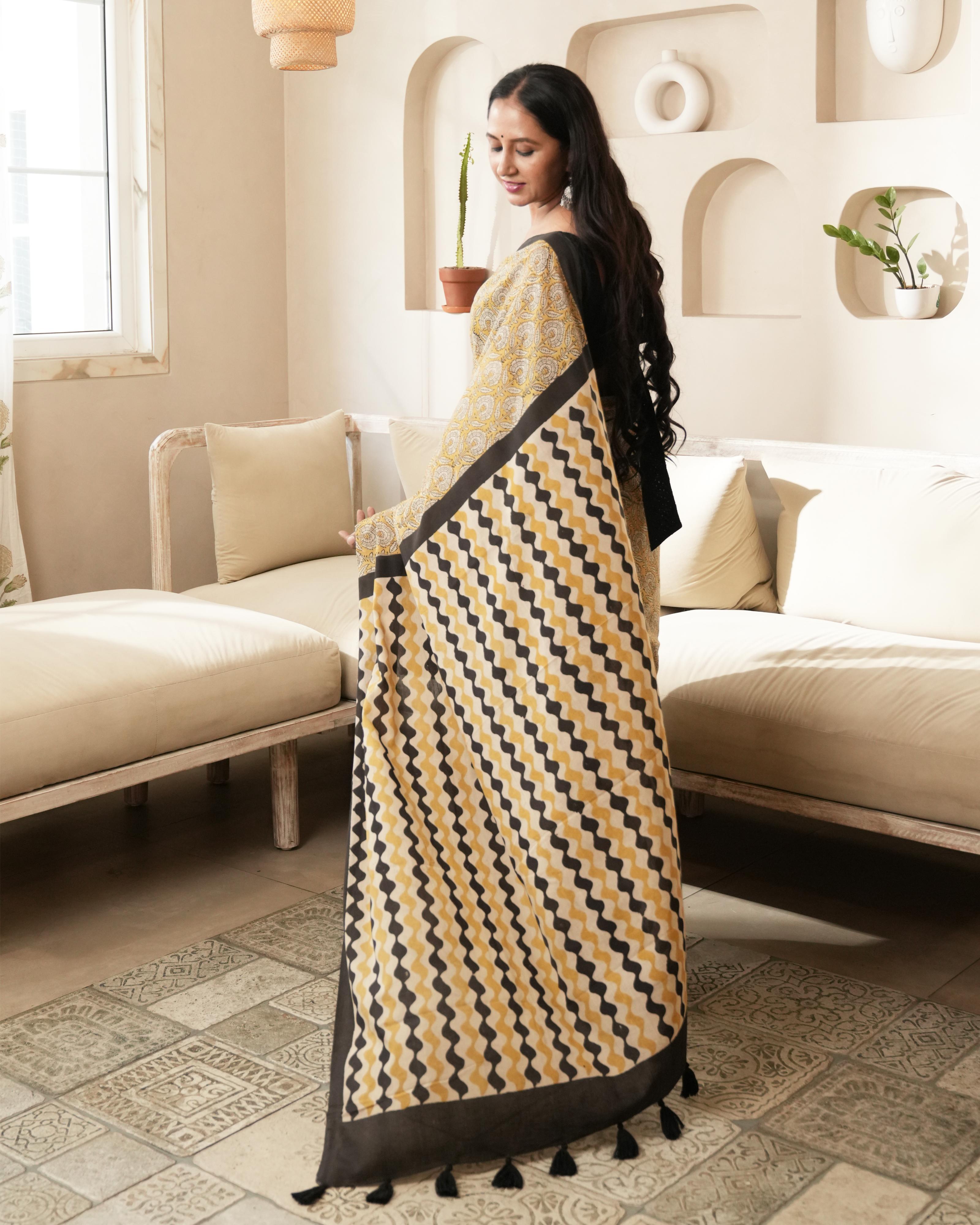 Bagru Print Mul Cotton Saree | Mustard Jaal for Everyday Wear & Cultural Events
