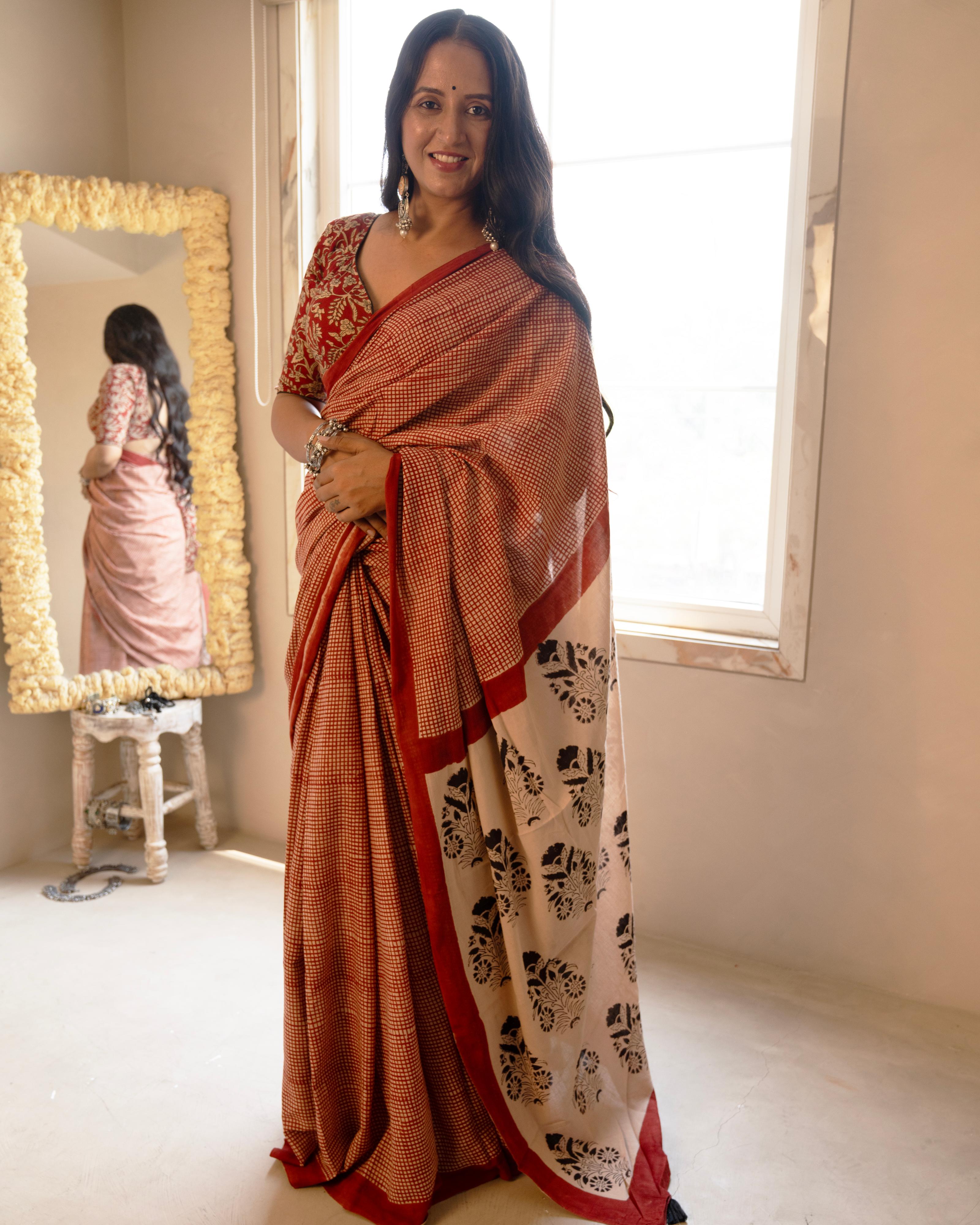 red bagru checks saree