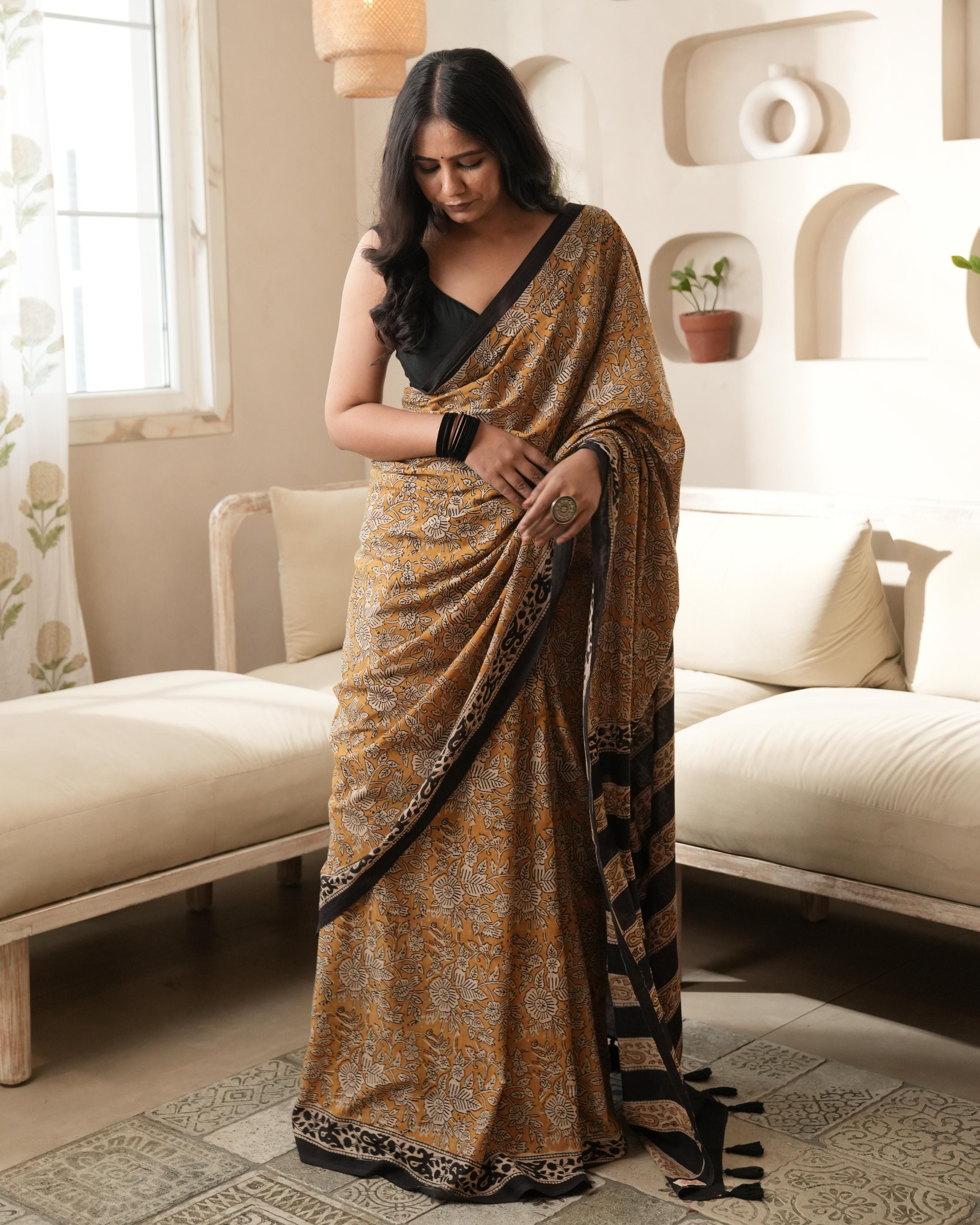 Bagru Print Mul Cotton Saree | Mustard Black Jaal for Everyday & Festive Occasions