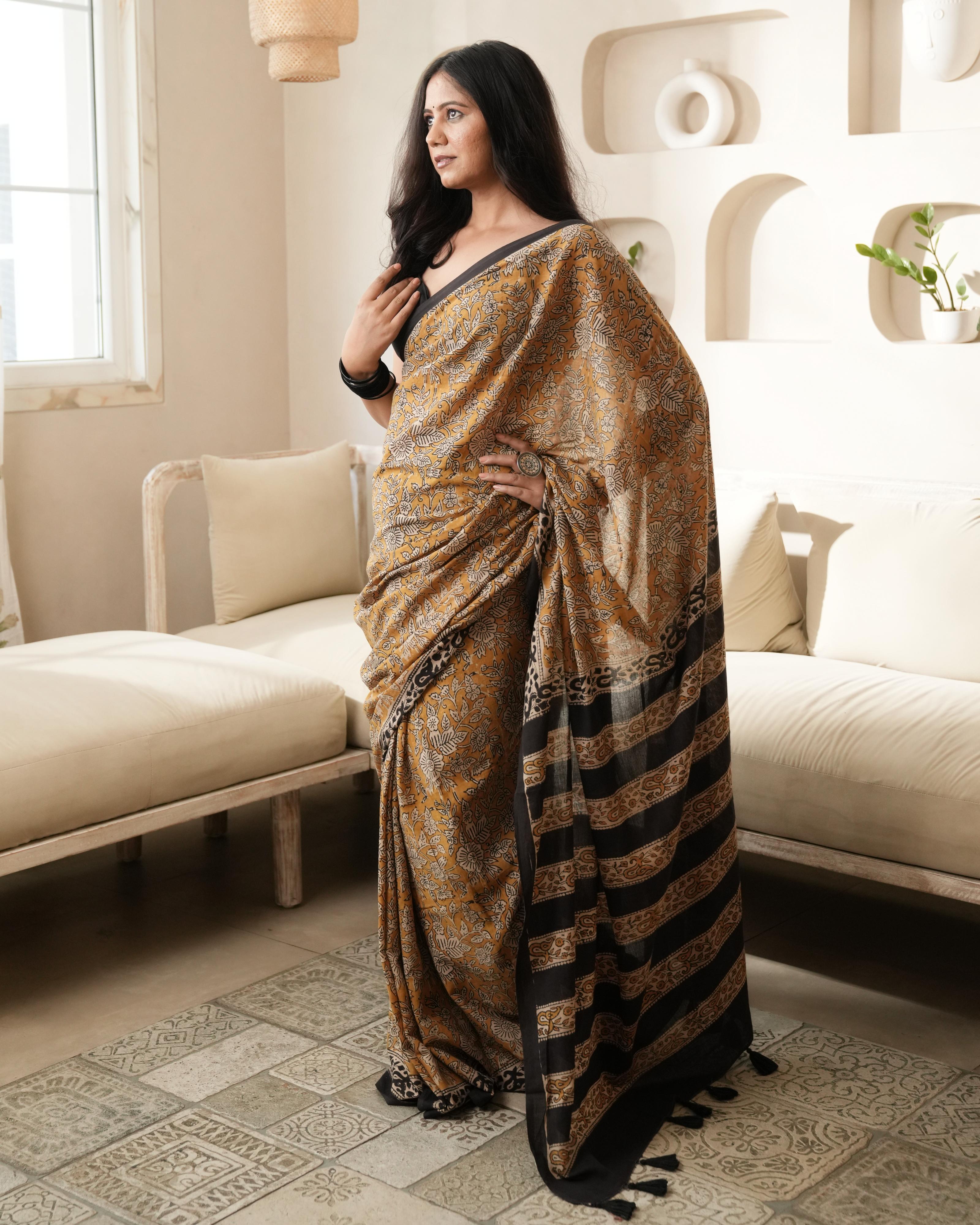 Bagru Print Mul Cotton Saree | Mustard Black Jaal for Everyday & Festive Occasions