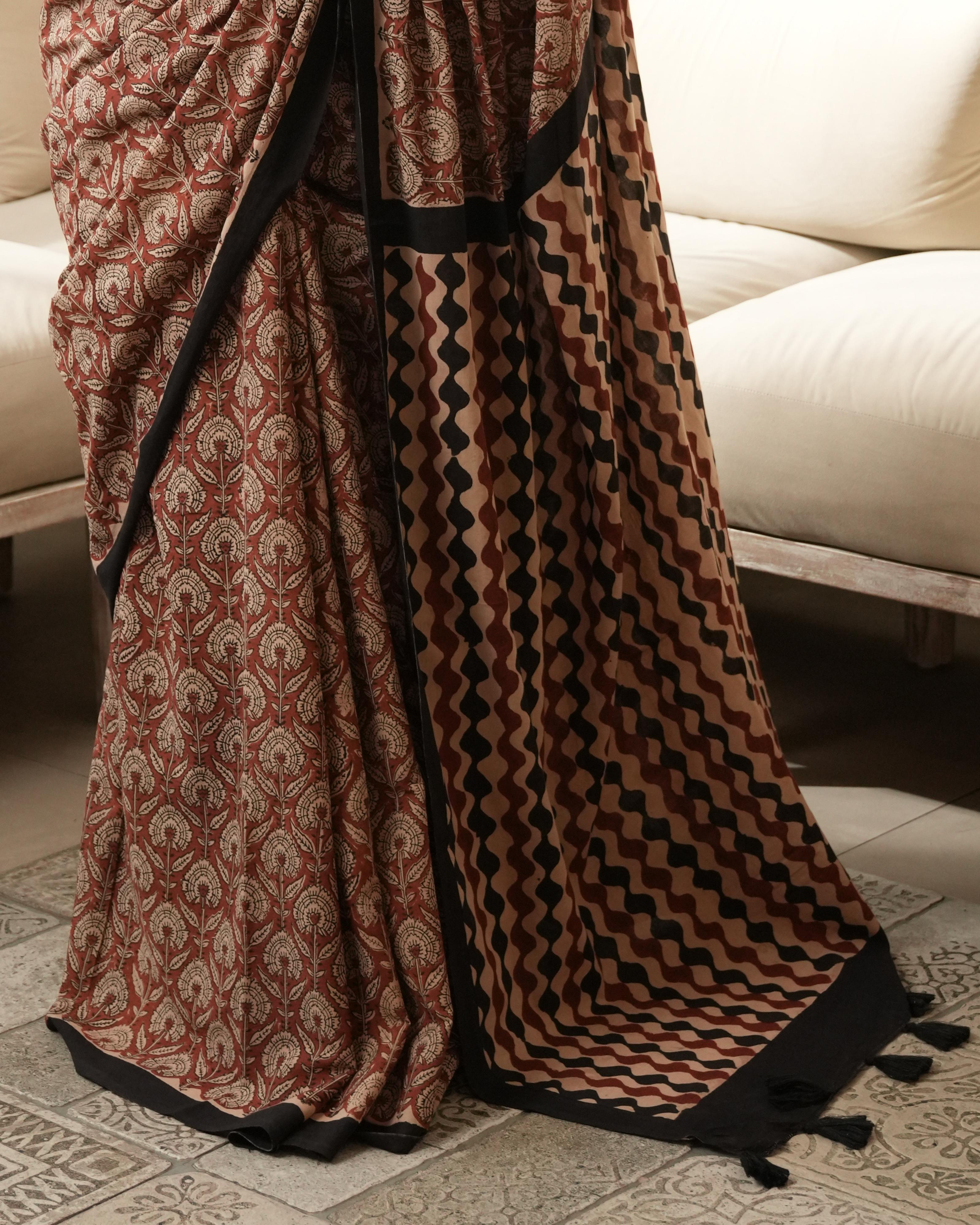 Bagru Print Mul Cotton Saree | Red Jaal for Cultural Gatherings & Summer Wear