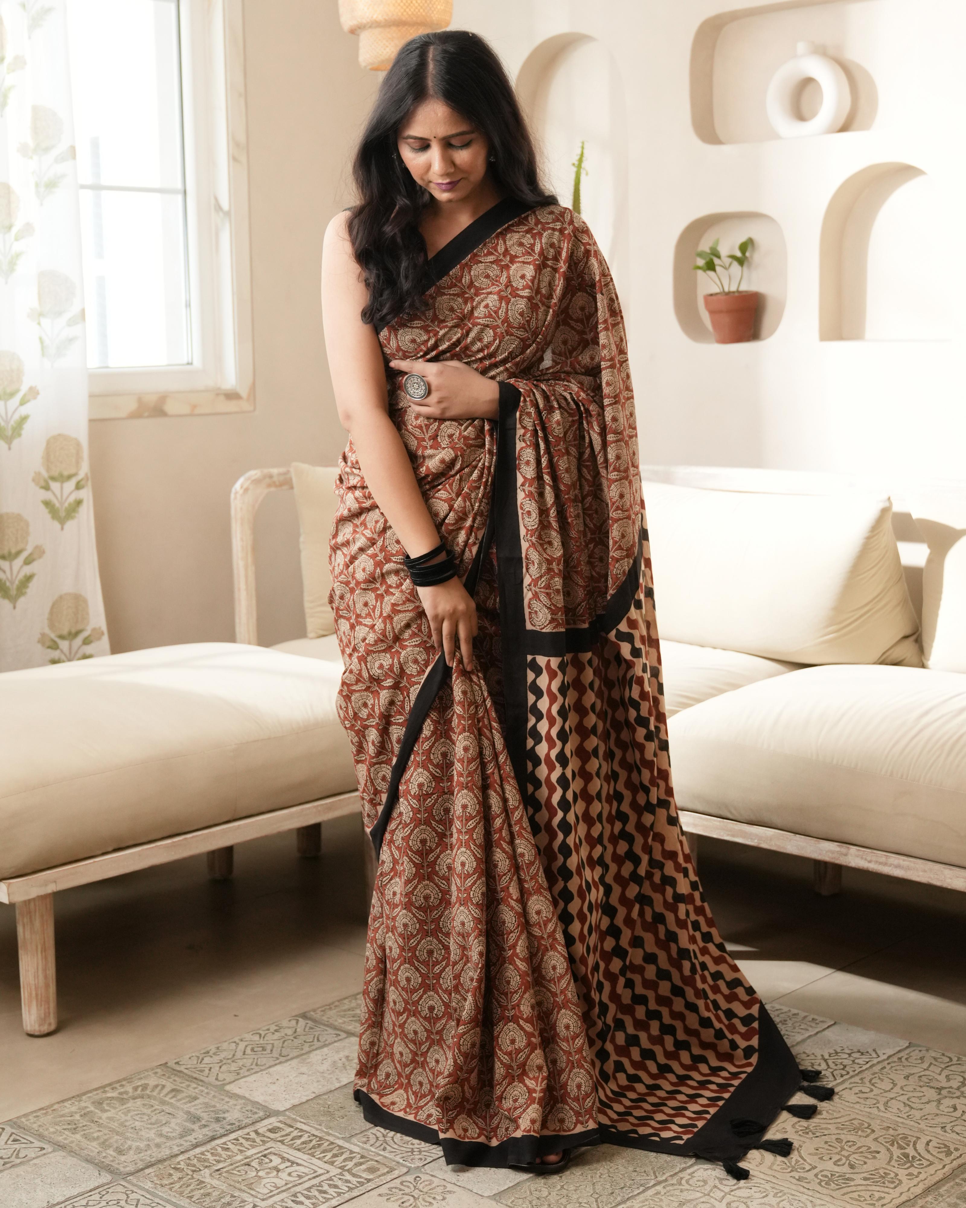 Bagru Print Mul Cotton Saree | Red Jaal for Cultural Gatherings & Summer Wear