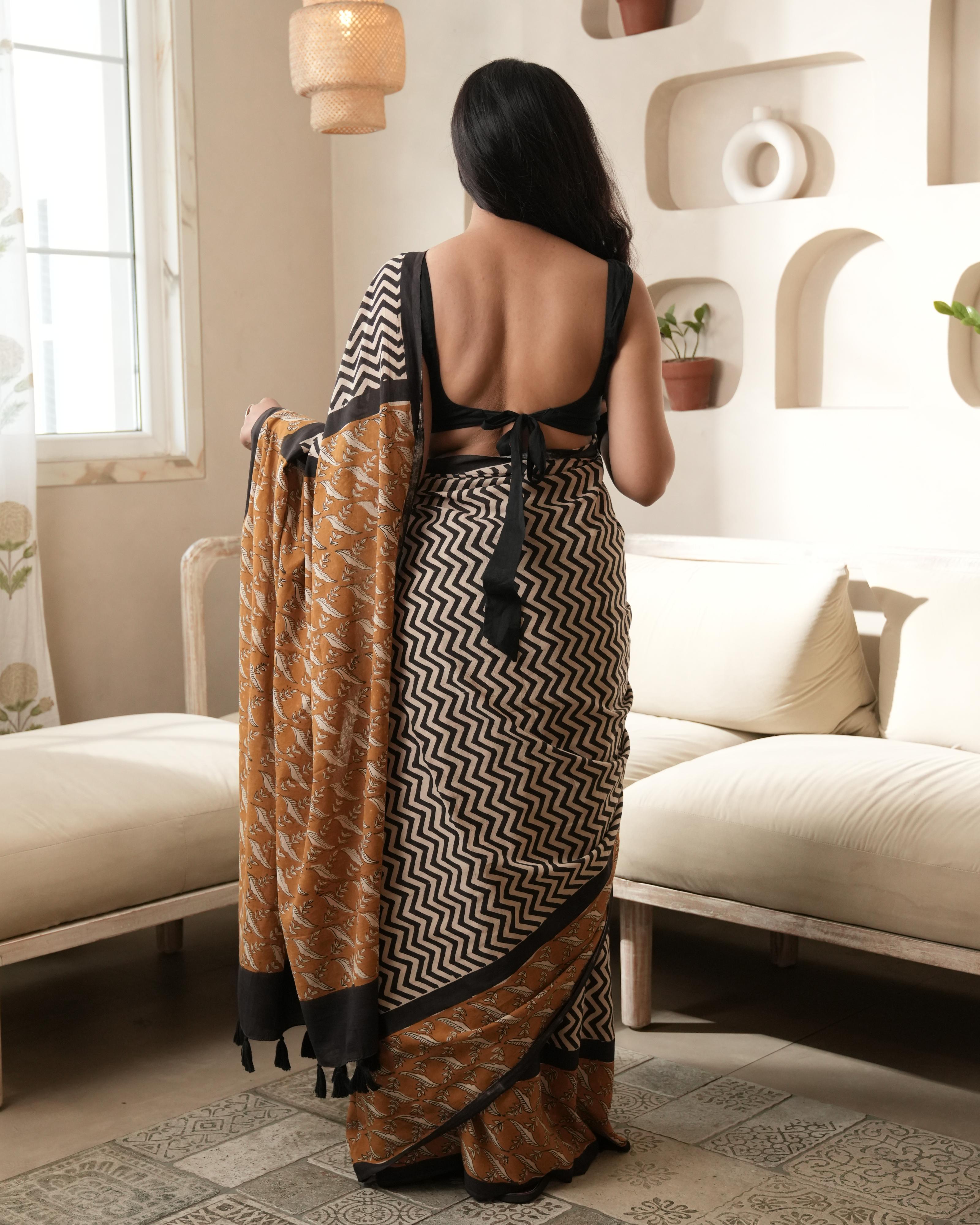 Bagru Print Mul Cotton Saree | Black Zigzag Chevron for Office & Heritage Events