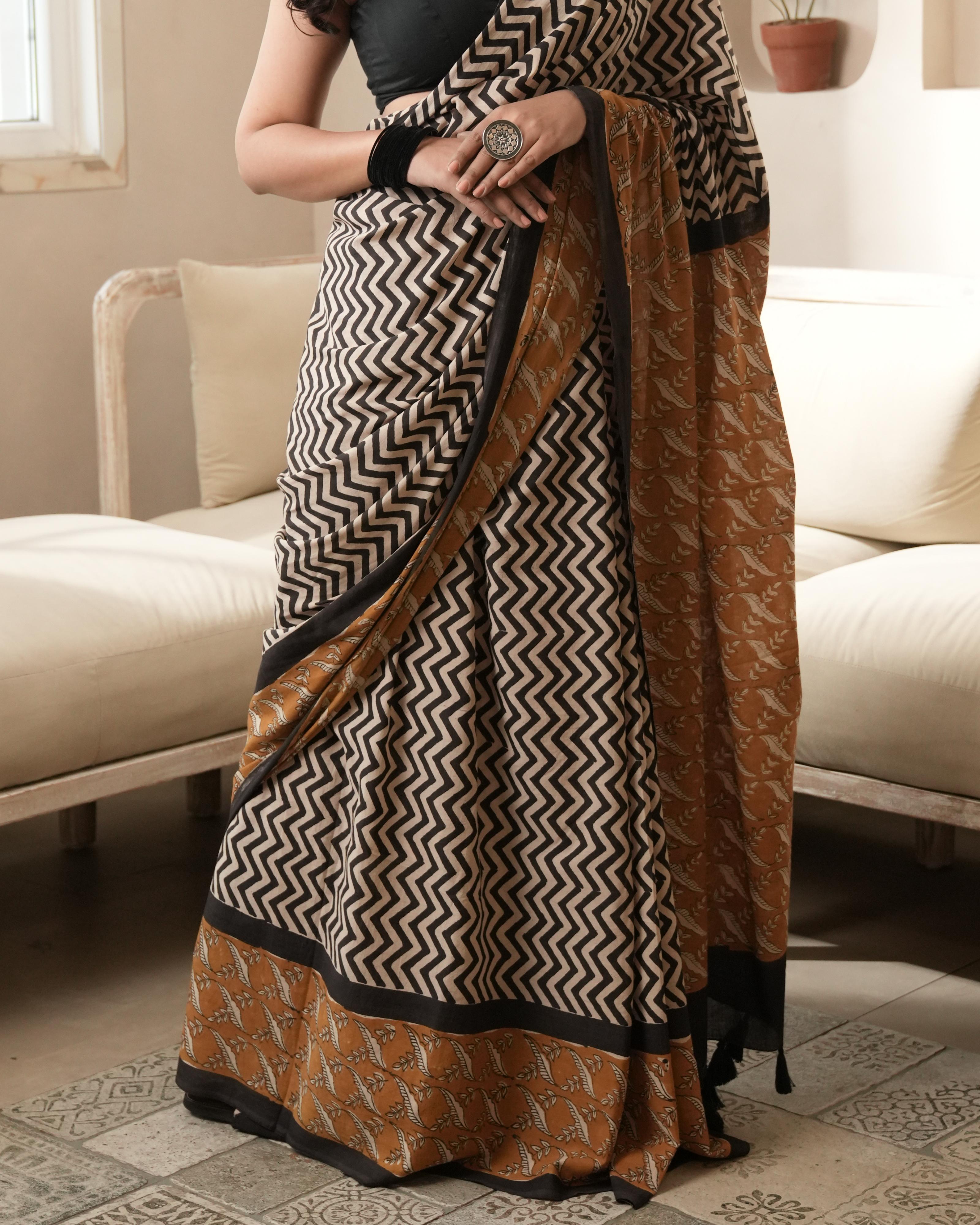 Bagru Print Mul Cotton Saree | Black Zigzag Chevron for Office & Heritage Events
