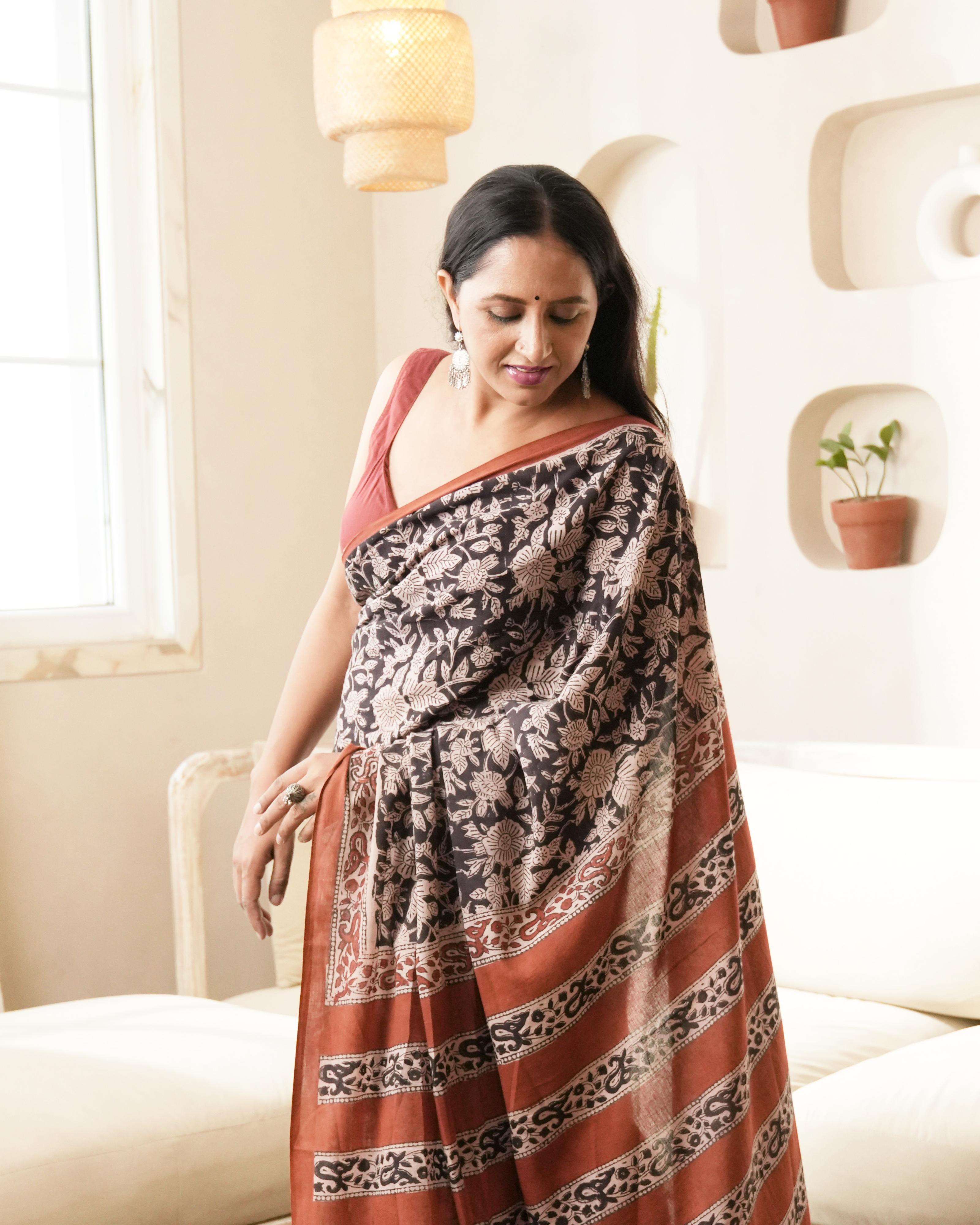 Bagru Print Mul Cotton Saree | Black Jaal for Office, Slow Fashion & Heritage Events