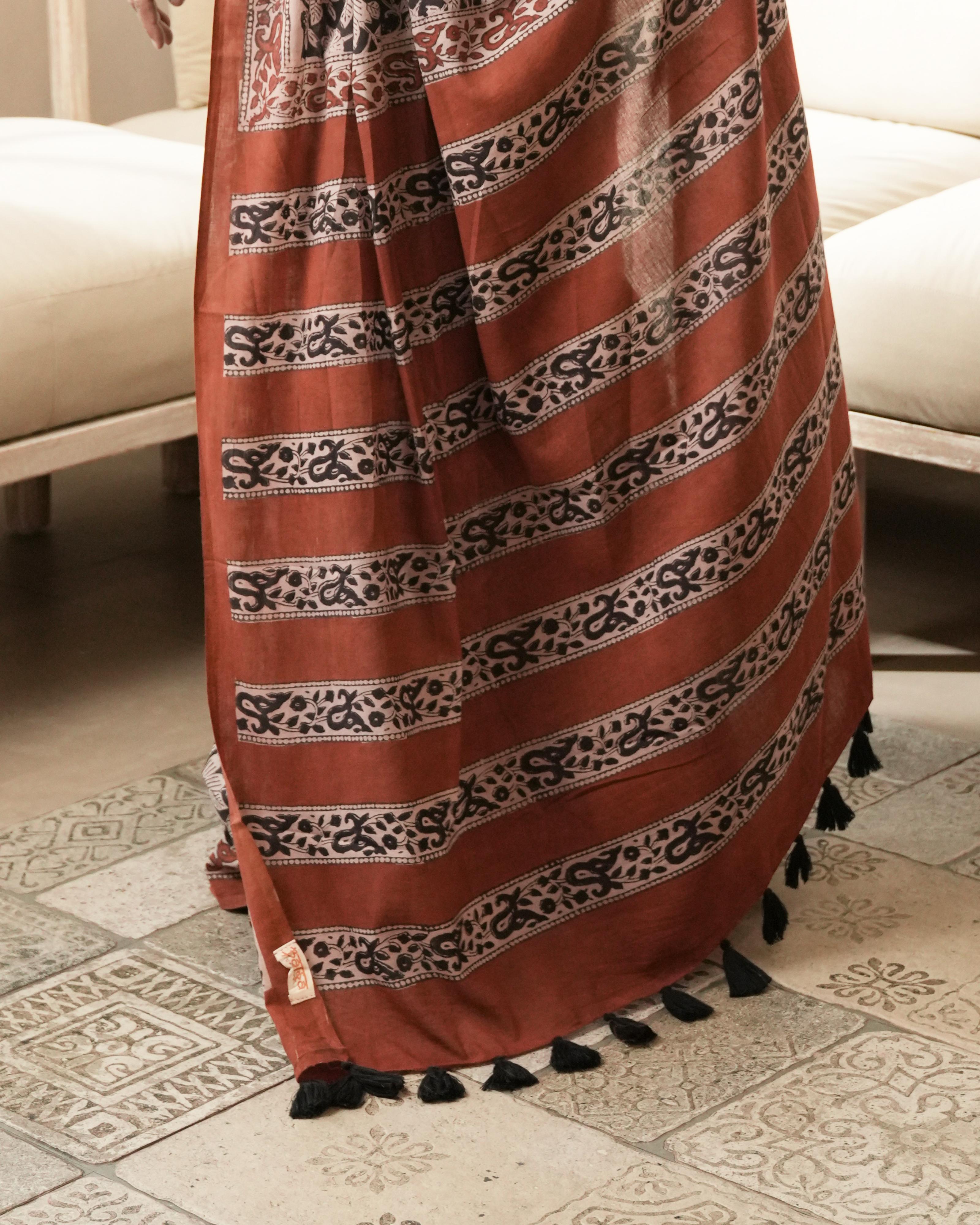 Bagru Print Mul Cotton Saree | Black Jaal for Office, Slow Fashion & Heritage Events