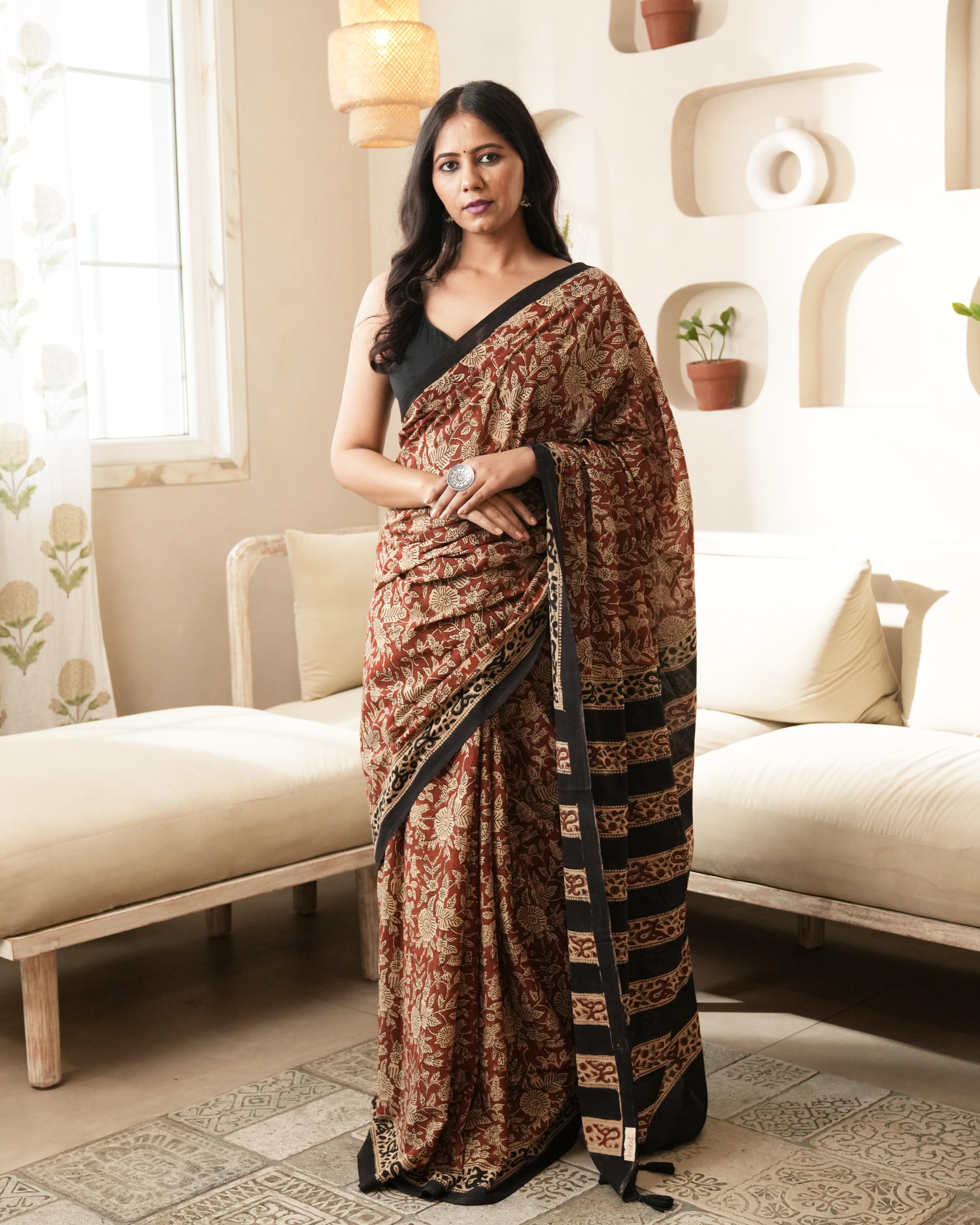 Bagru Print Mul Cotton Saree | Red Floral Jaal for Office, Summer & Cultural Events