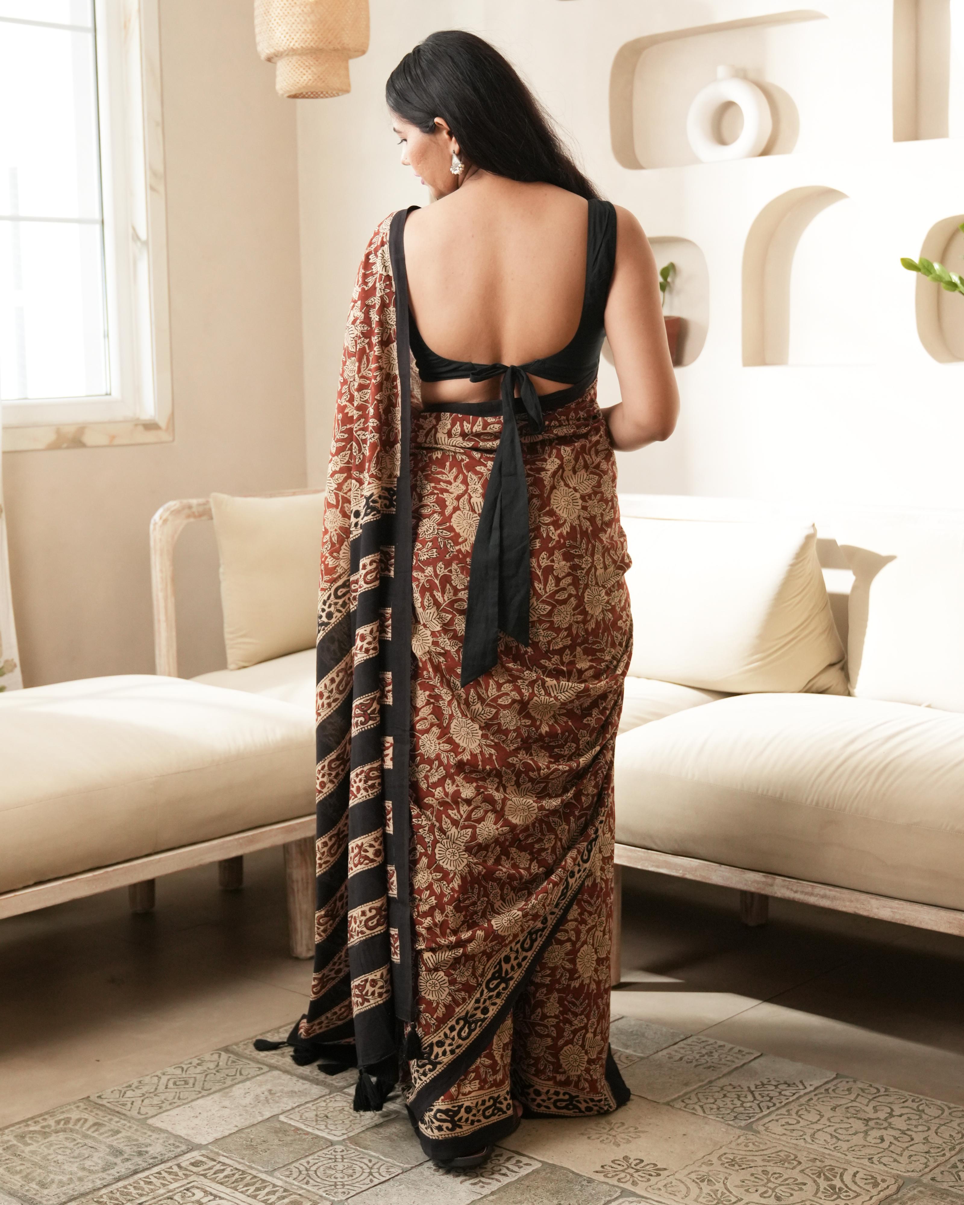 Bagru Print Mul Cotton Saree | Red Floral Jaal for Office, Summer & Cultural Events