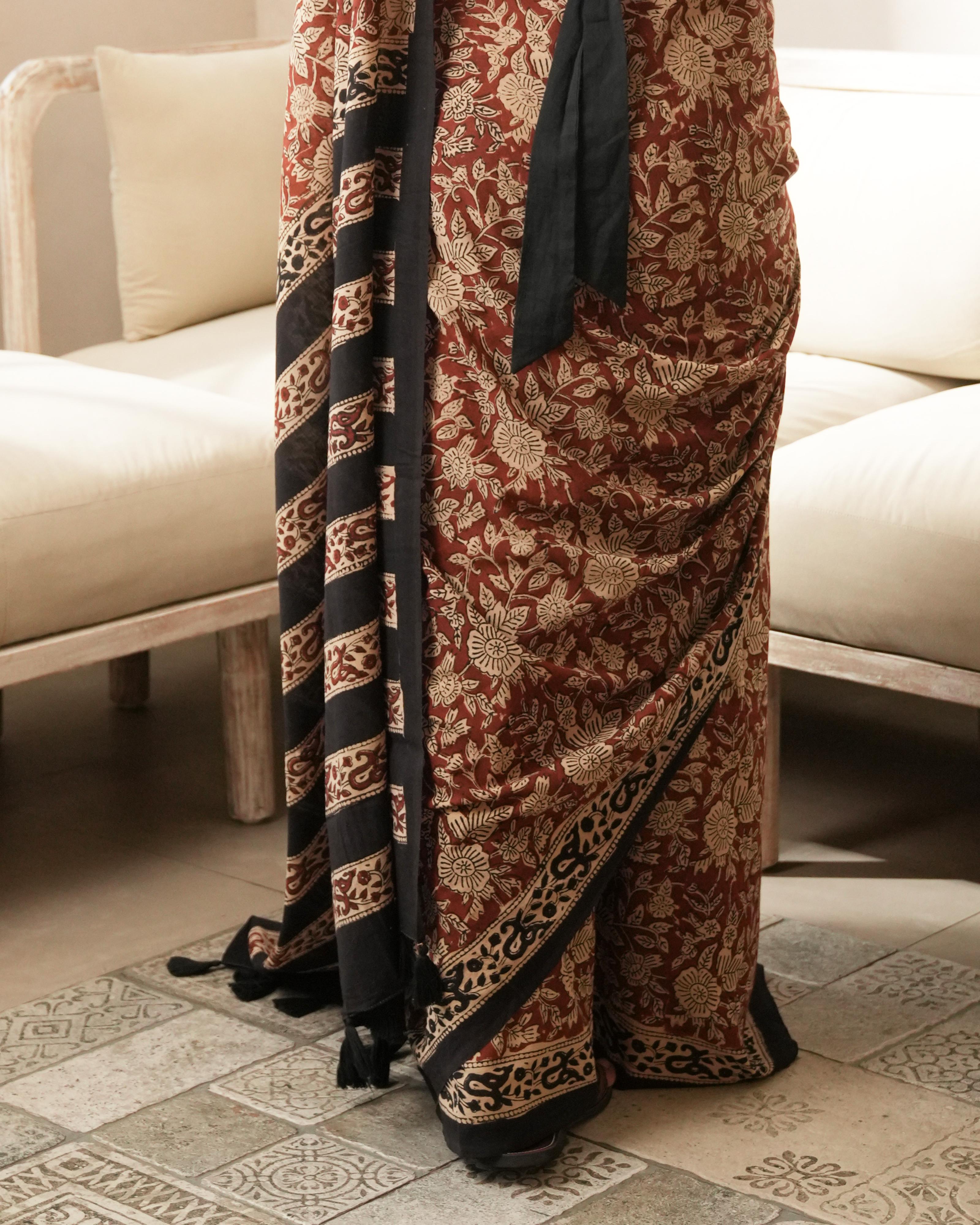 Bagru Print Mul Cotton Saree | Red Floral Jaal for Office, Summer & Cultural Events
