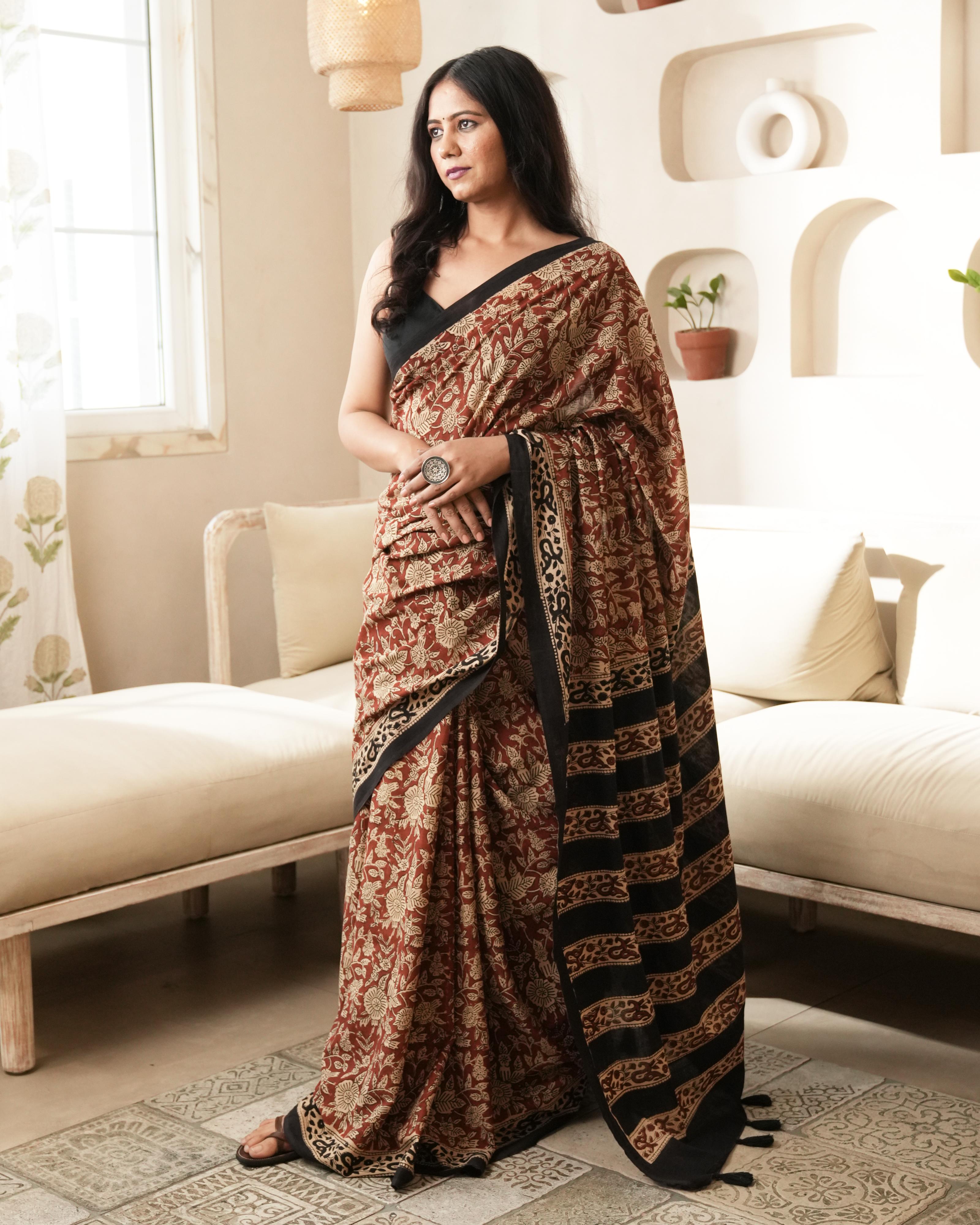 Bagru Print Mul Cotton Saree | Red Floral Jaal for Office, Summer & Cultural Events