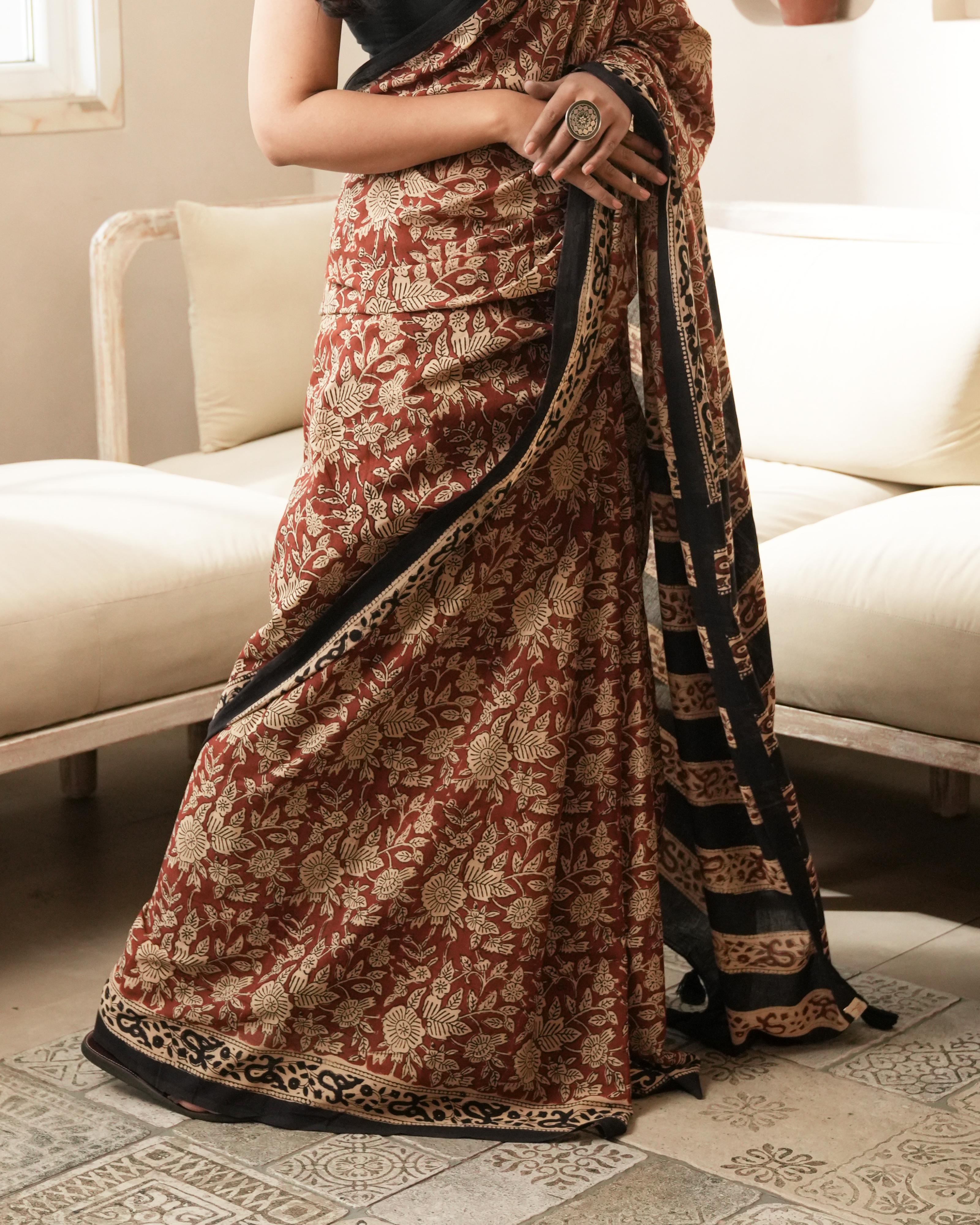 Bagru Print Mul Cotton Saree | Red Floral Jaal for Office, Summer & Cultural Events