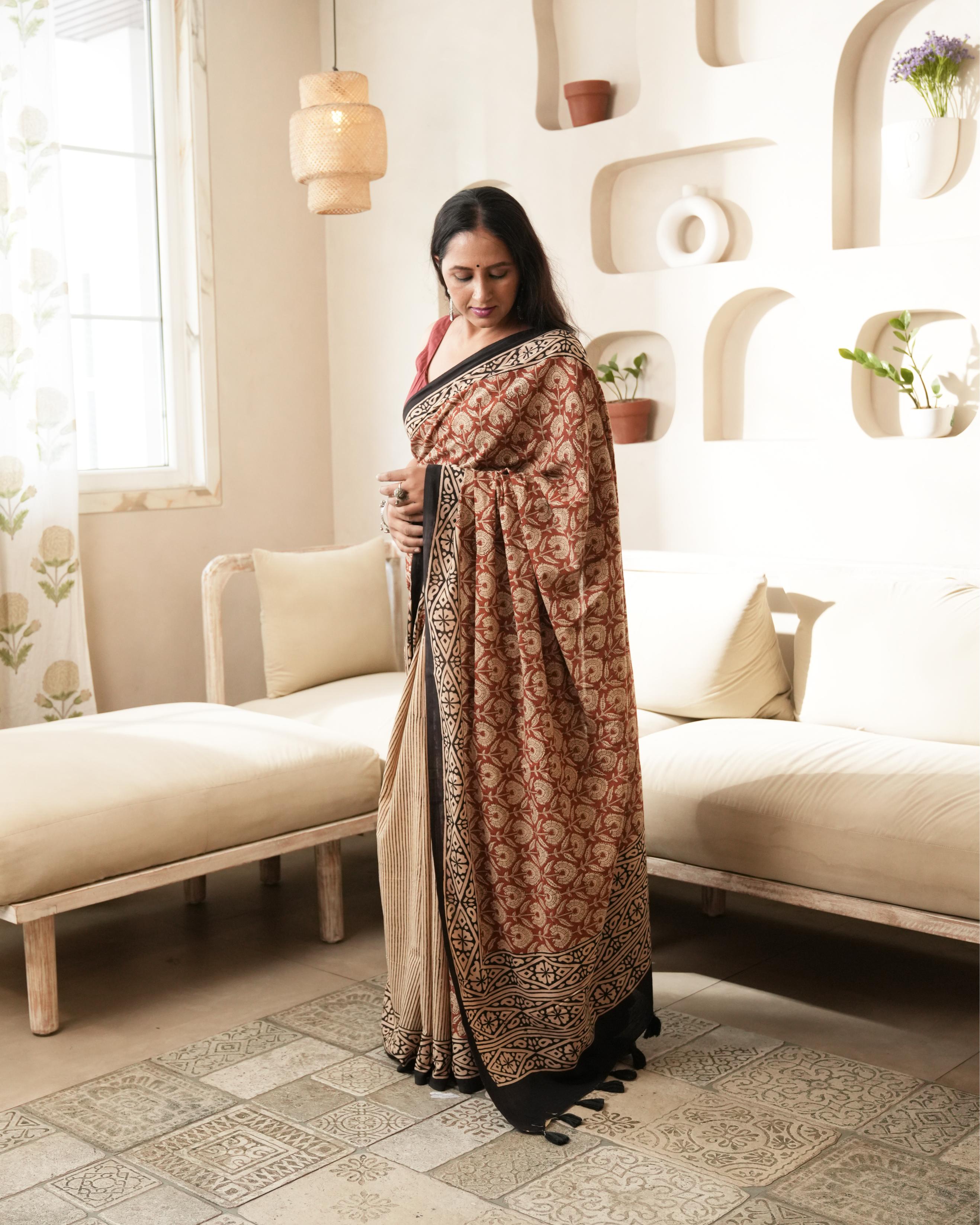 Bagru Print Mul Cotton Saree | Black Dual Print for Daily Wear & Heritage Events