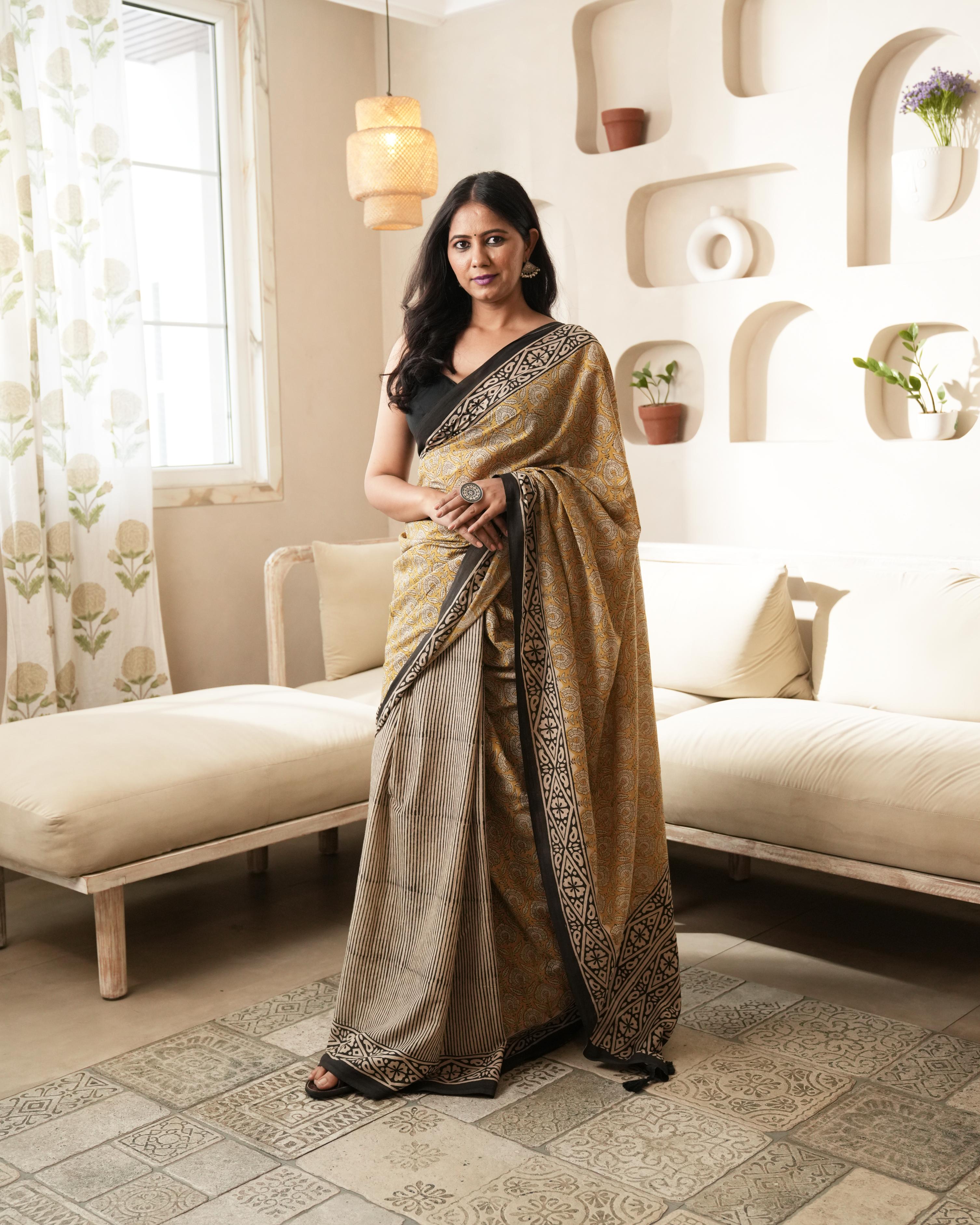 Bagru Print Mul Cotton Saree | Mustard Dual Black Tassel for Daily & Festive Wear