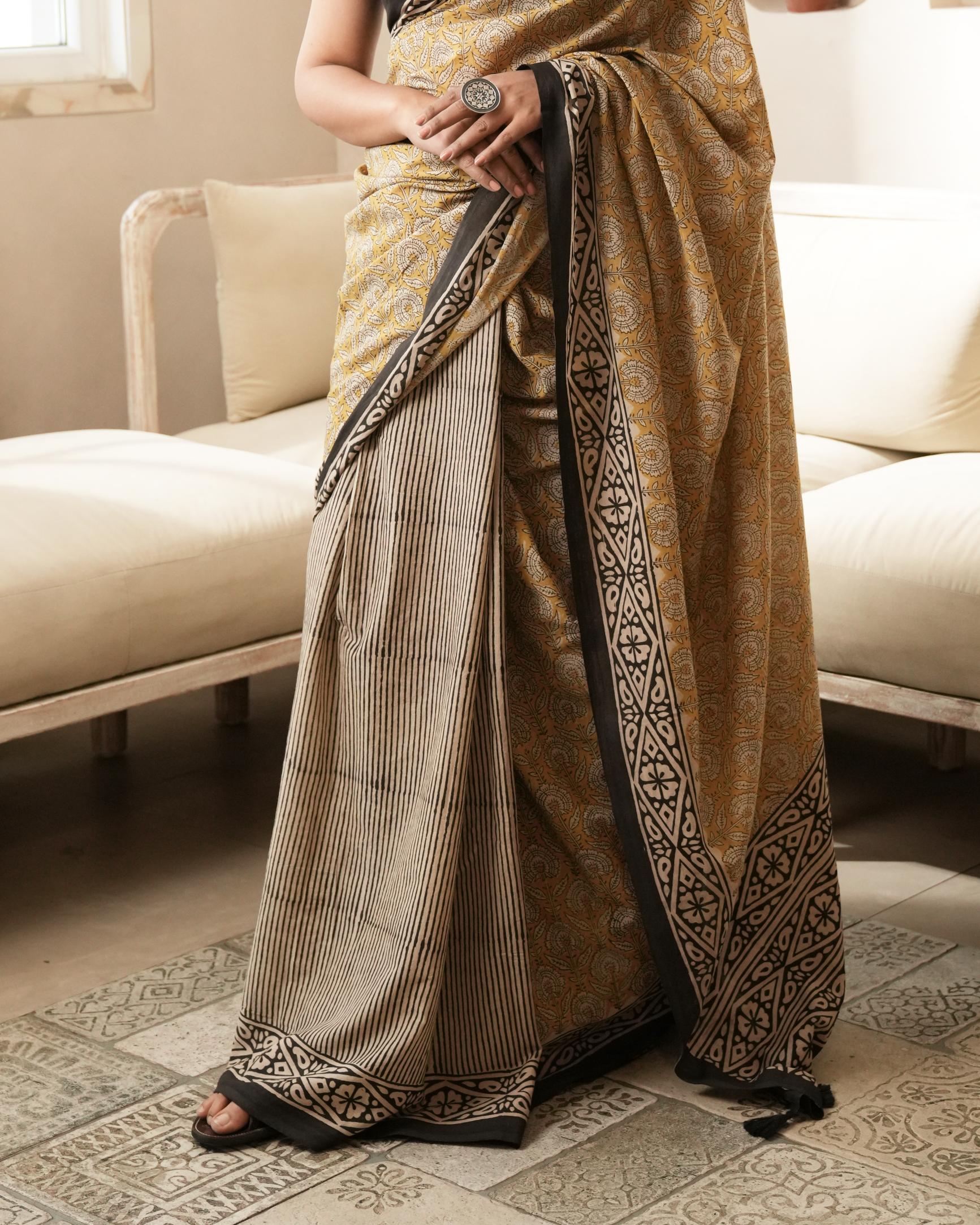 Bagru Print Mul Cotton Saree | Mustard Dual Black Tassel for Daily & Festive Wear