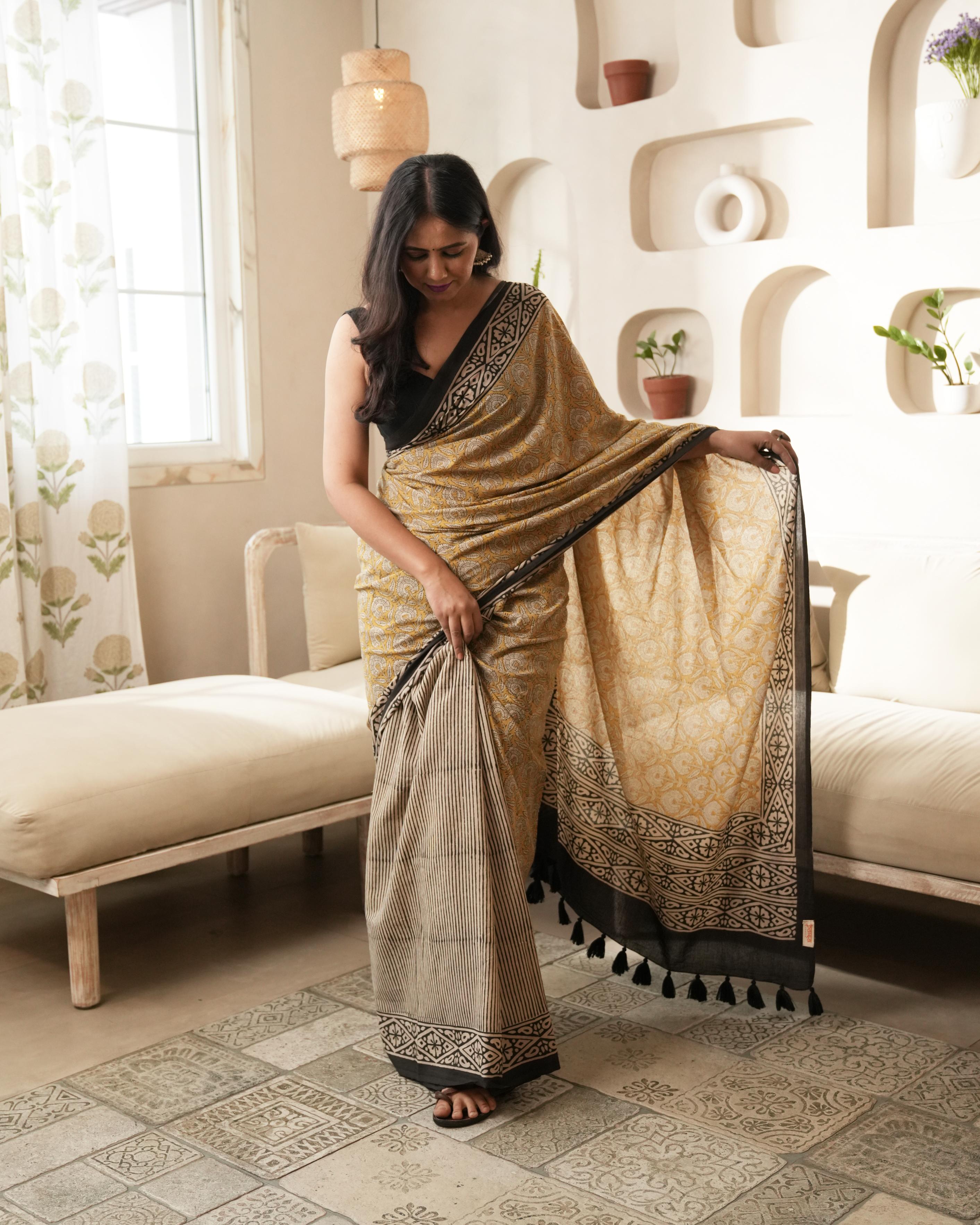Bagru Print Mul Cotton Saree | Mustard Dual Black Tassel for Daily & Festive Wear