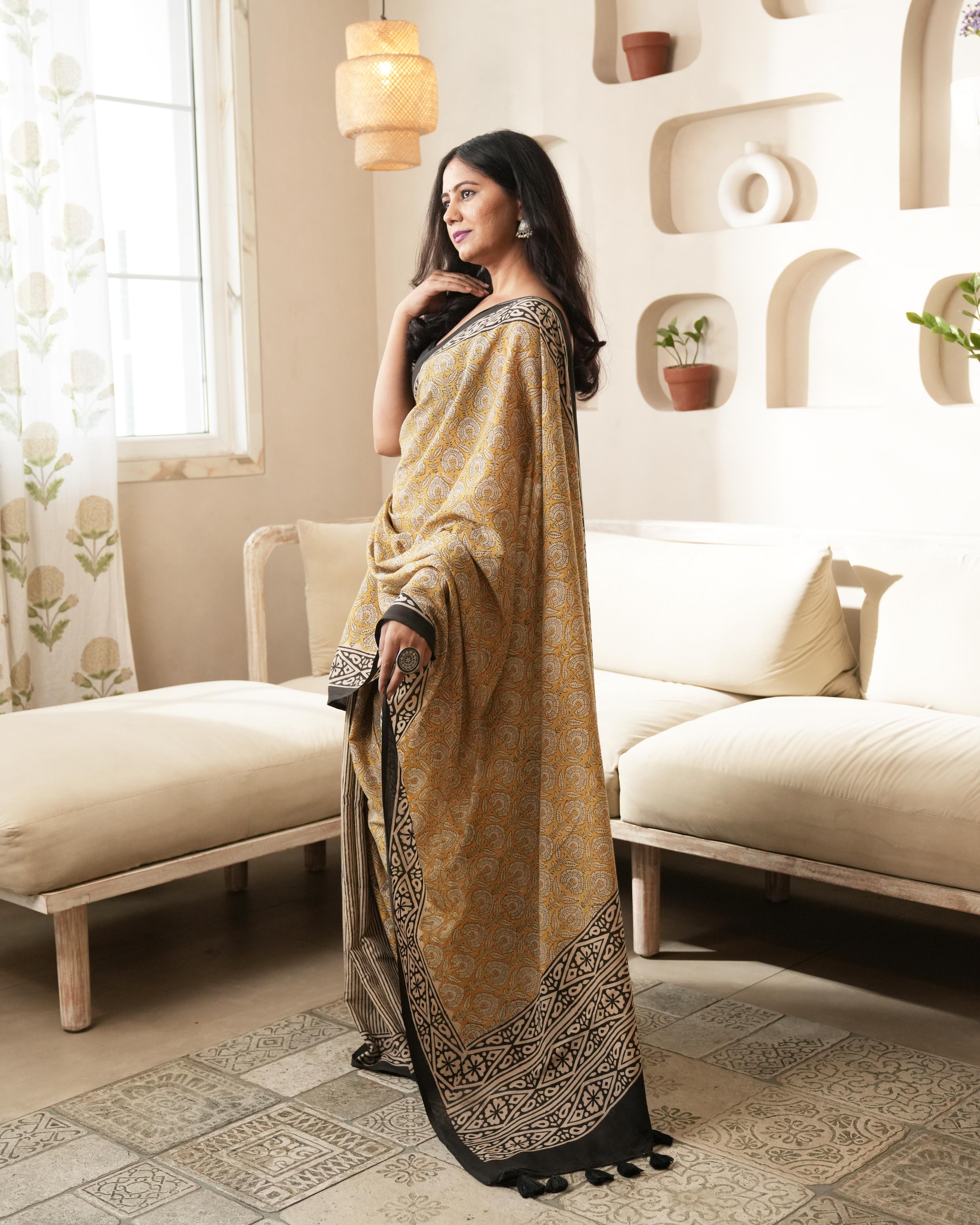 Bagru Print Mul Cotton Saree | Mustard Dual Black Tassel for Daily & Festive Wear