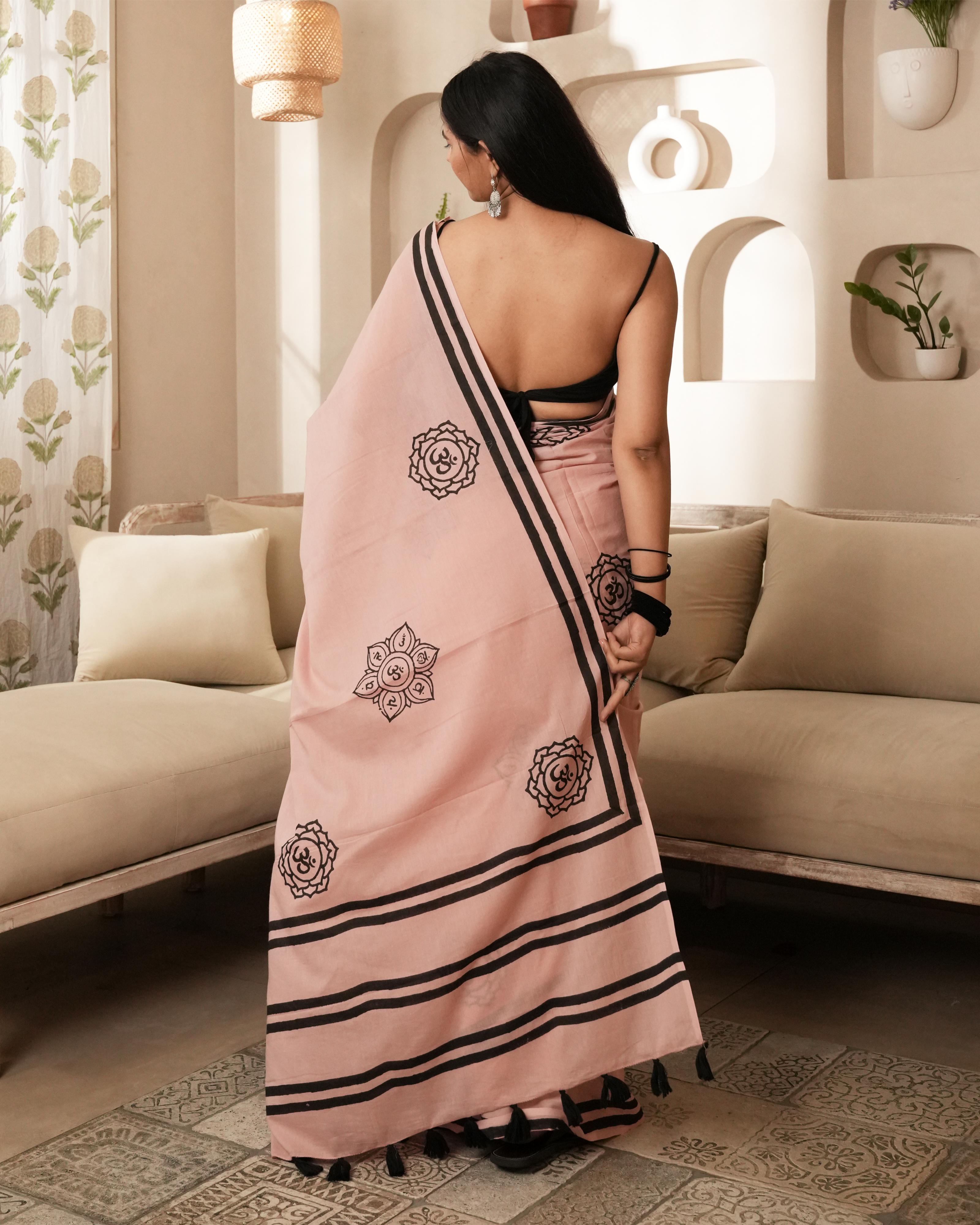 Handblock Print Mul Cotton Saree | Coral Om Tassel for Spiritual & Festive Gatherings