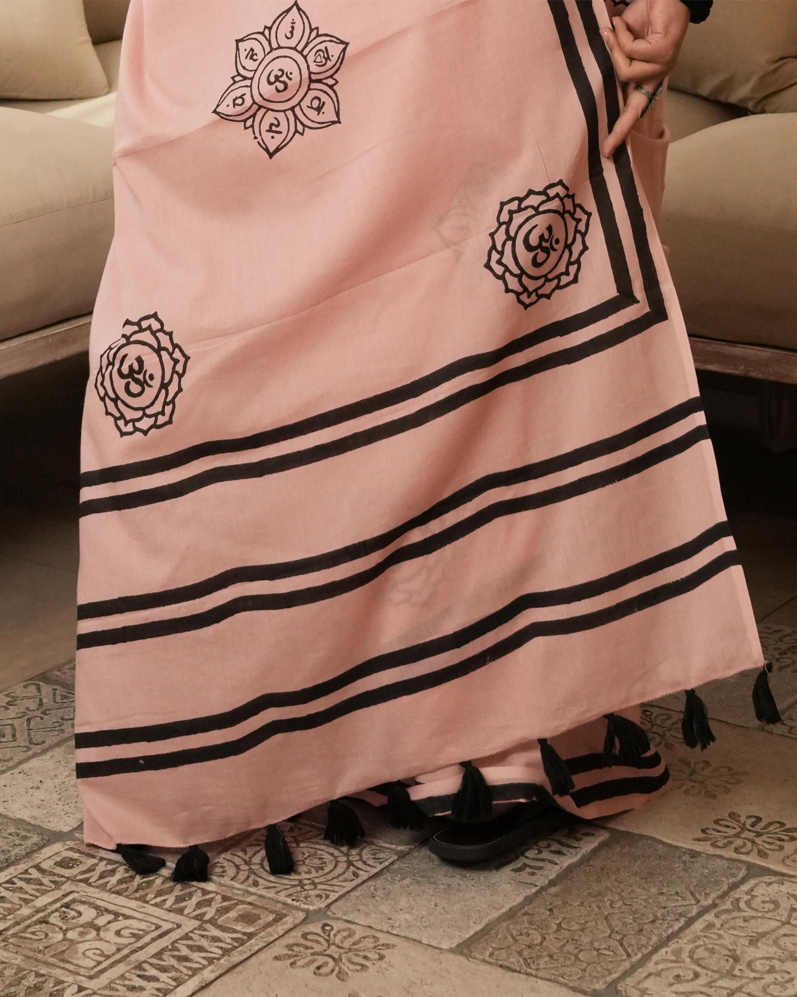 Handblock Print Mul Cotton Saree | Coral Om Tassel for Spiritual & Festive Gatherings