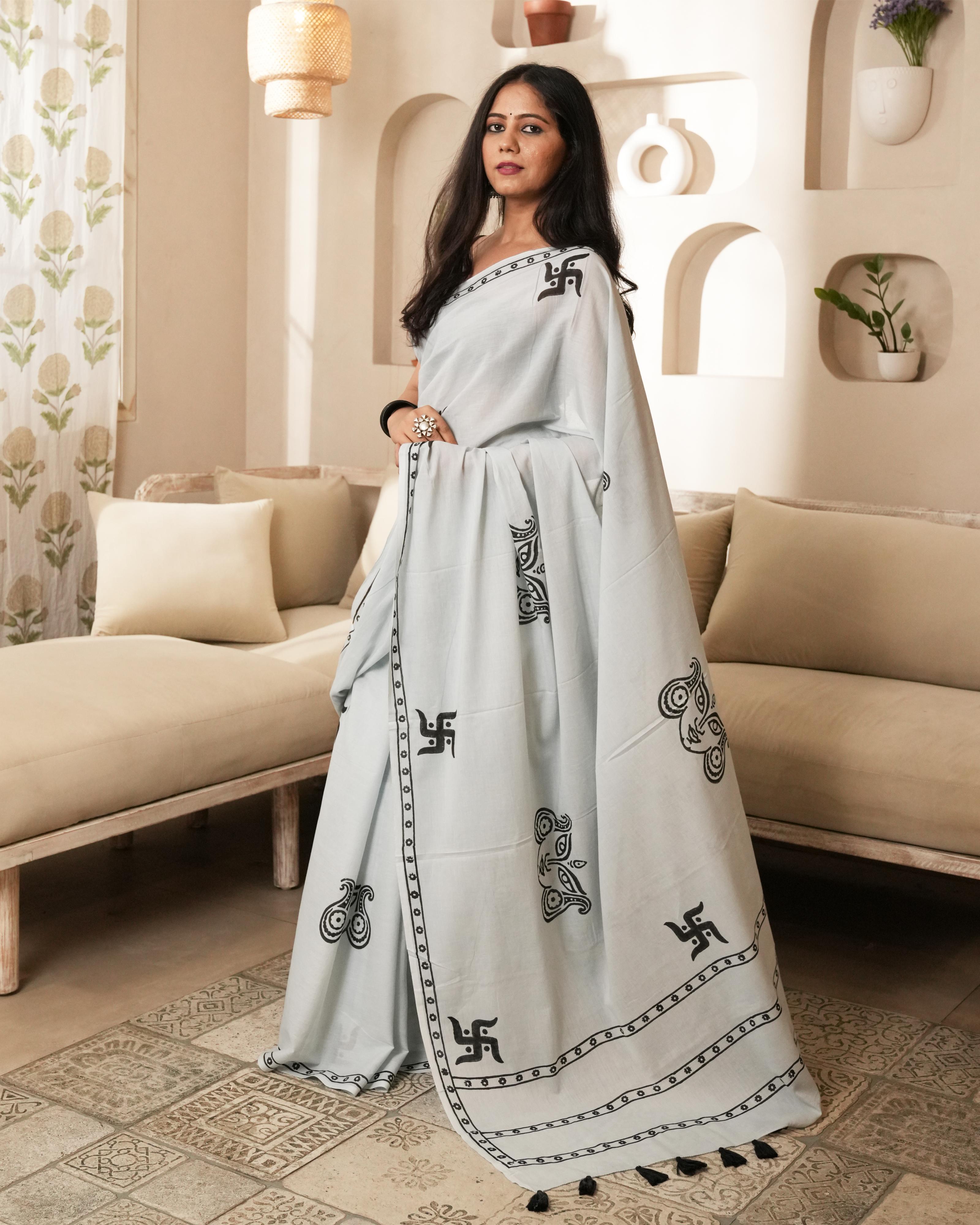 Handblock Print Mul Cotton Saree | Light Grey Swastik Tassel for Poojas & Festive Wear