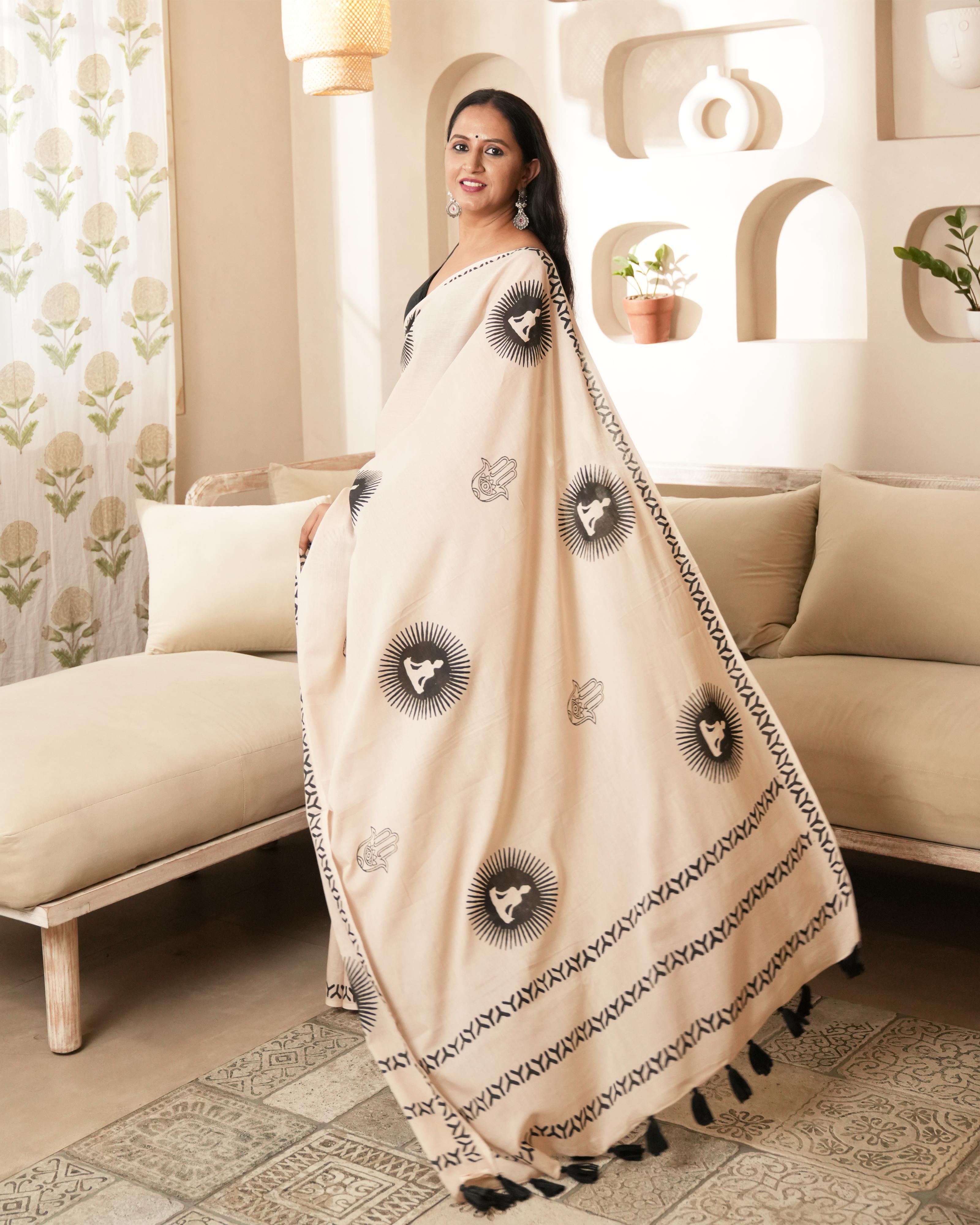 Handblock Print Mul Cotton Saree | Beige Chakra Black Tassel for Yoga & Spiritual Events