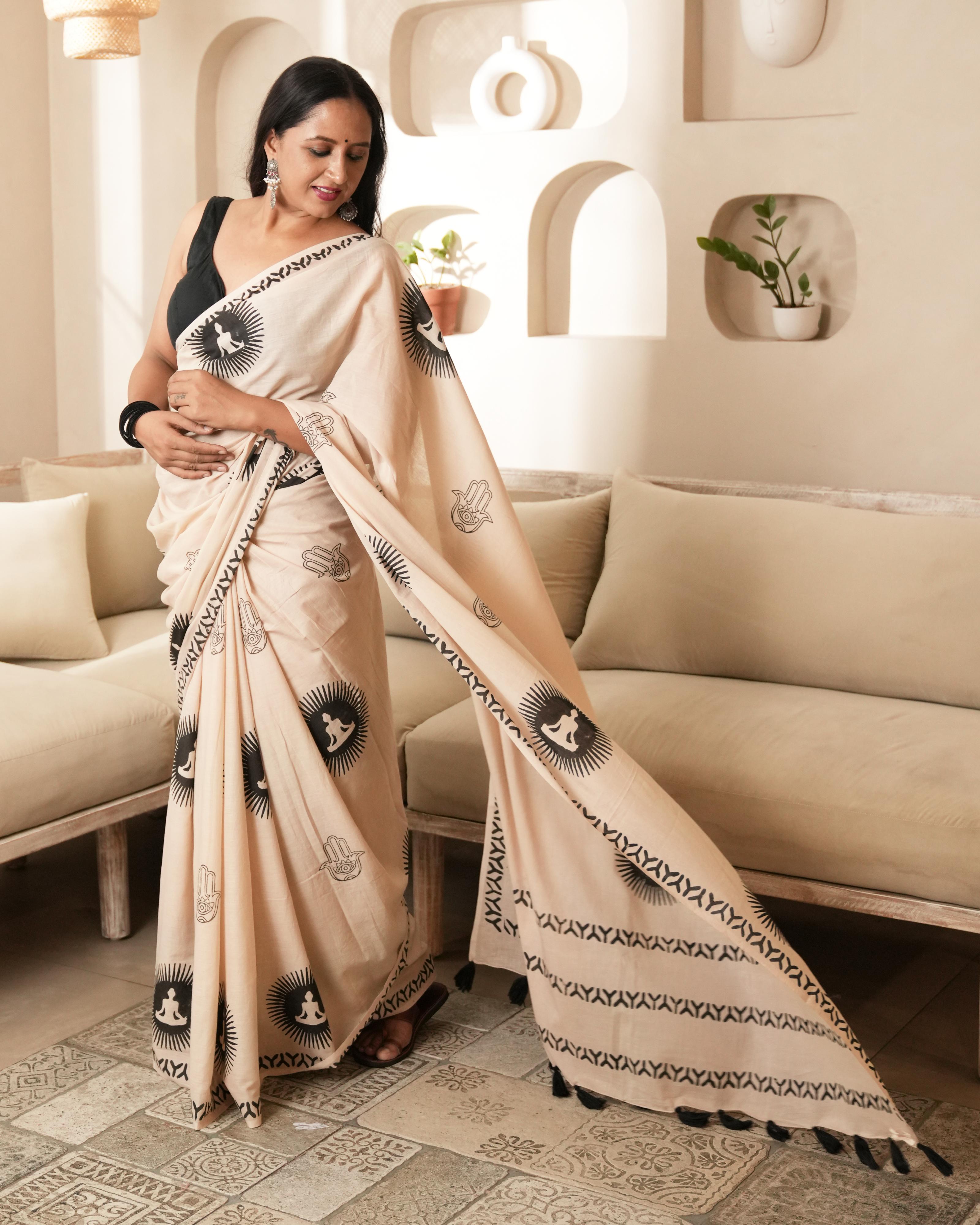 Handblock Print Mul Cotton Saree | Beige Chakra Black Tassel for Yoga & Spiritual Events