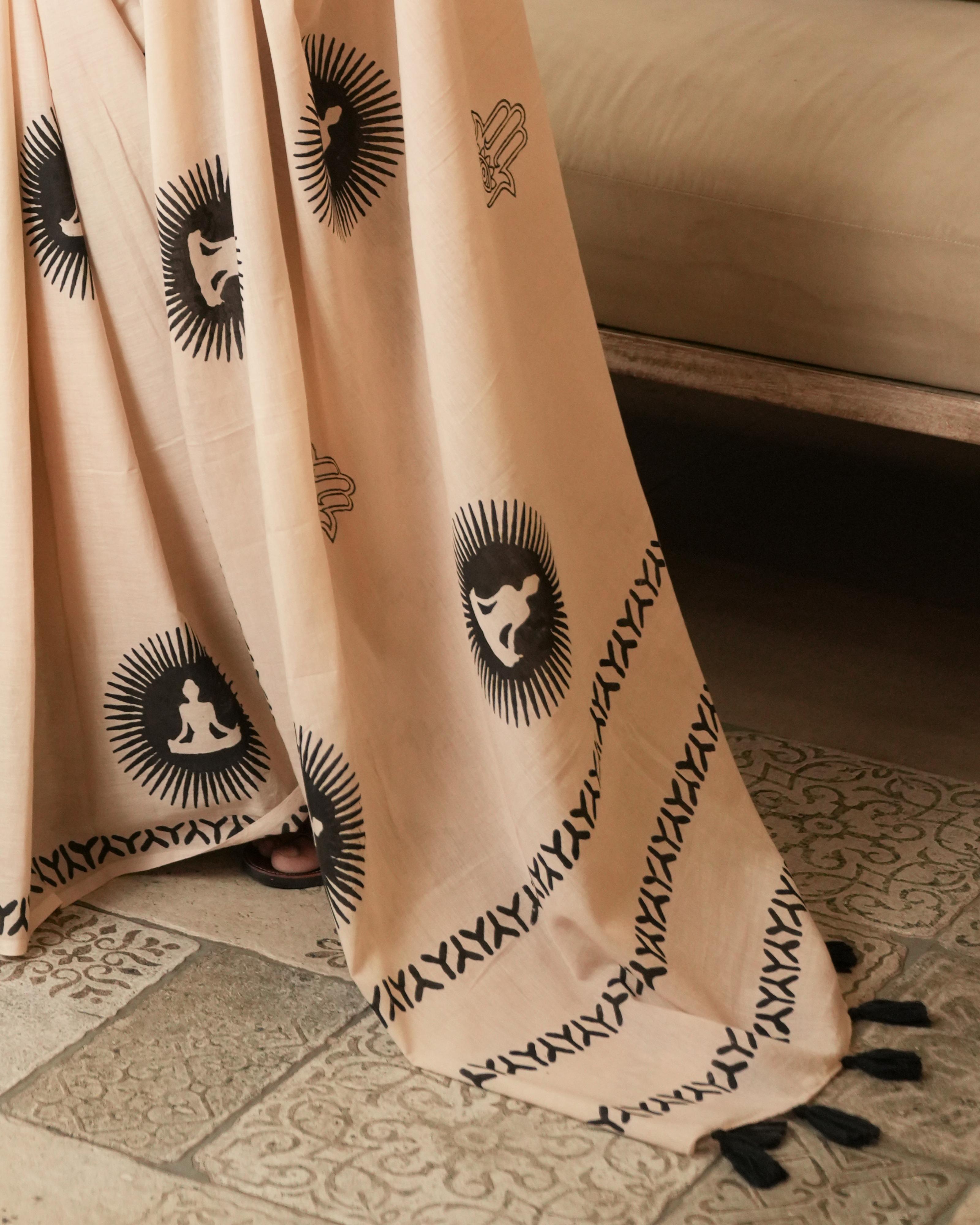 Handblock Print Mul Cotton Saree | Beige Chakra Black Tassel for Yoga & Spiritual Events