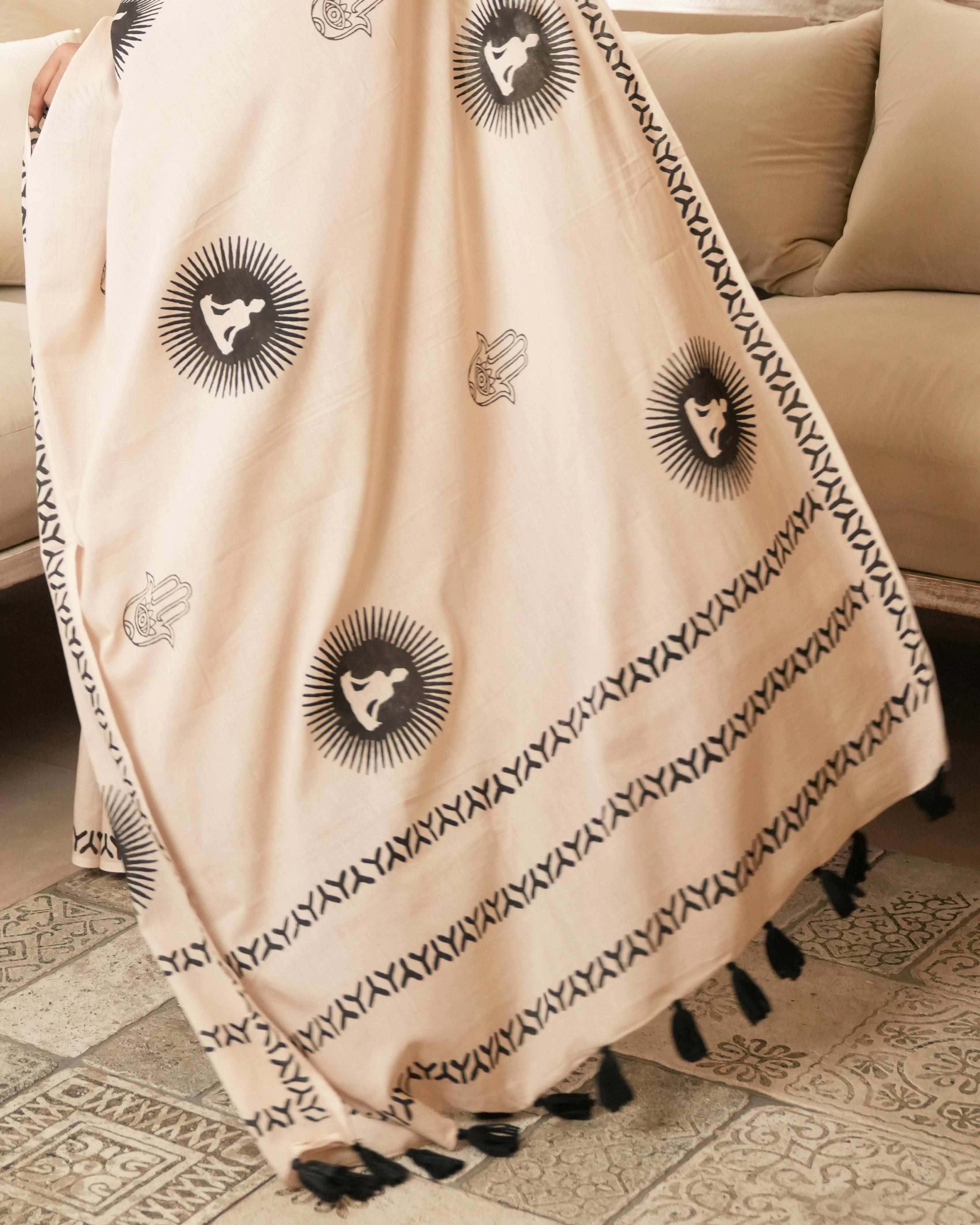 Handblock Print Mul Cotton Saree | Beige Chakra Black Tassel for Yoga & Spiritual Events