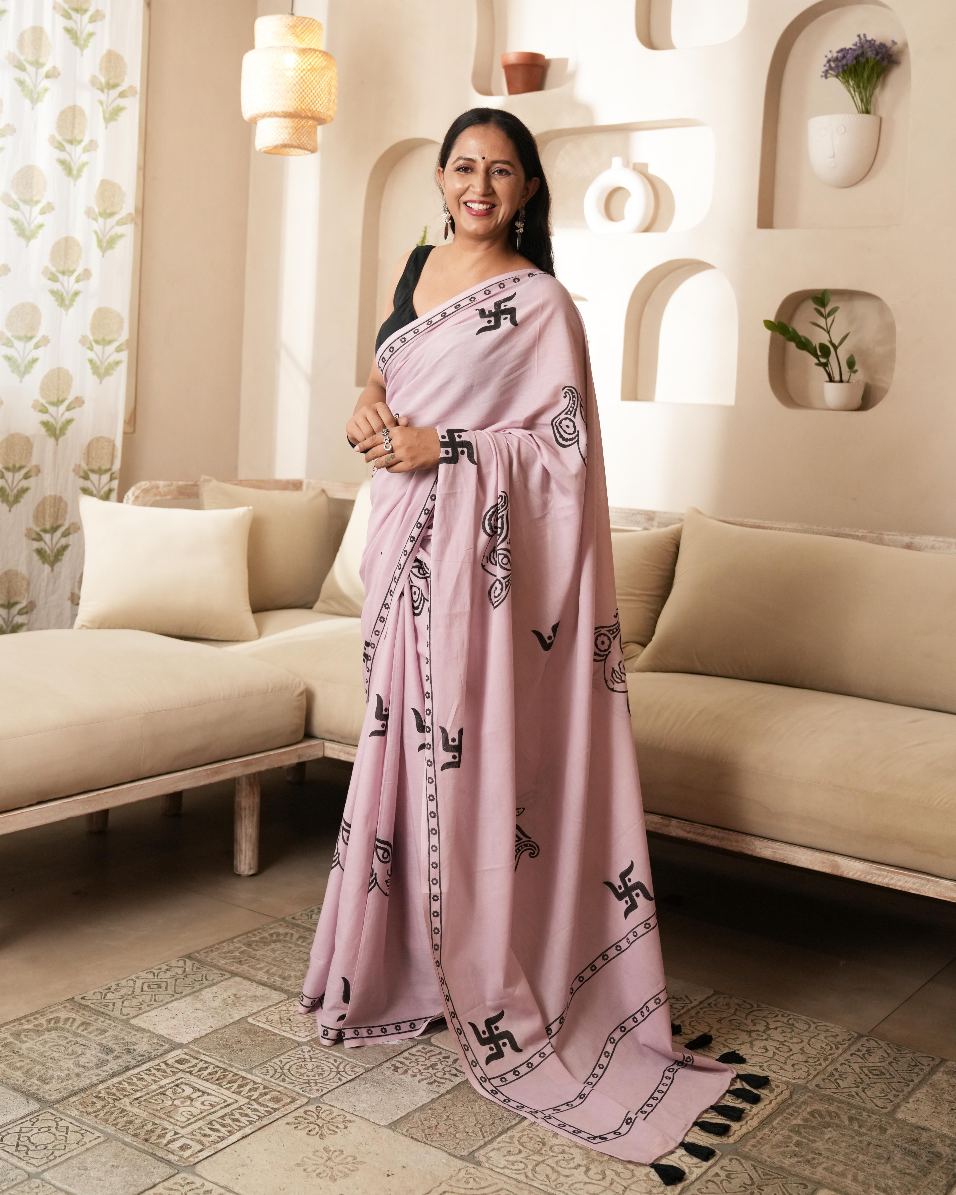 Handblock Print Mul Cotton Saree | Rose Pink Swastik Black Tassel for Festive & Spiritual Wear
