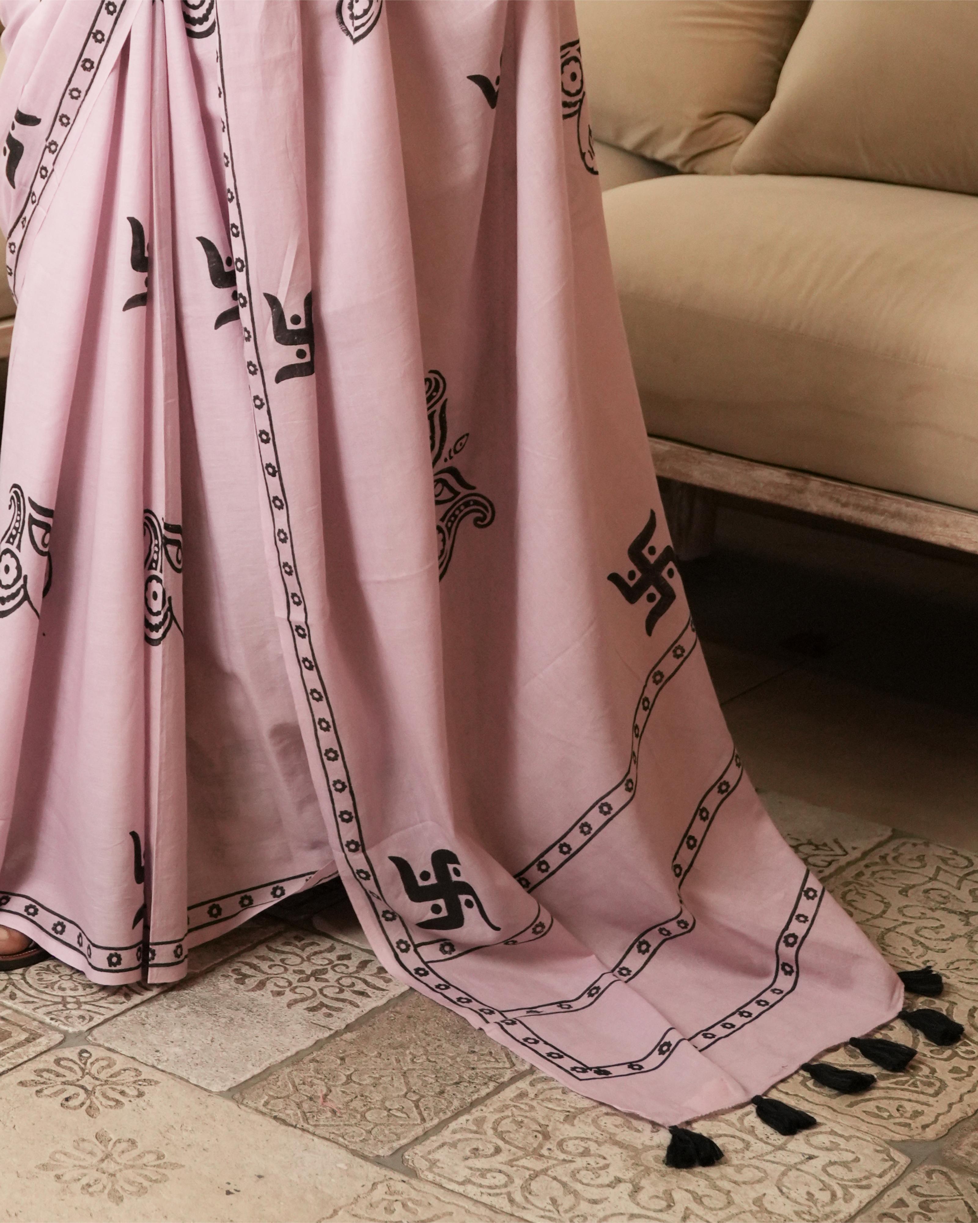 Handblock Print Mul Cotton Saree | Rose Pink Swastik Black Tassel for Festive & Spiritual Wear