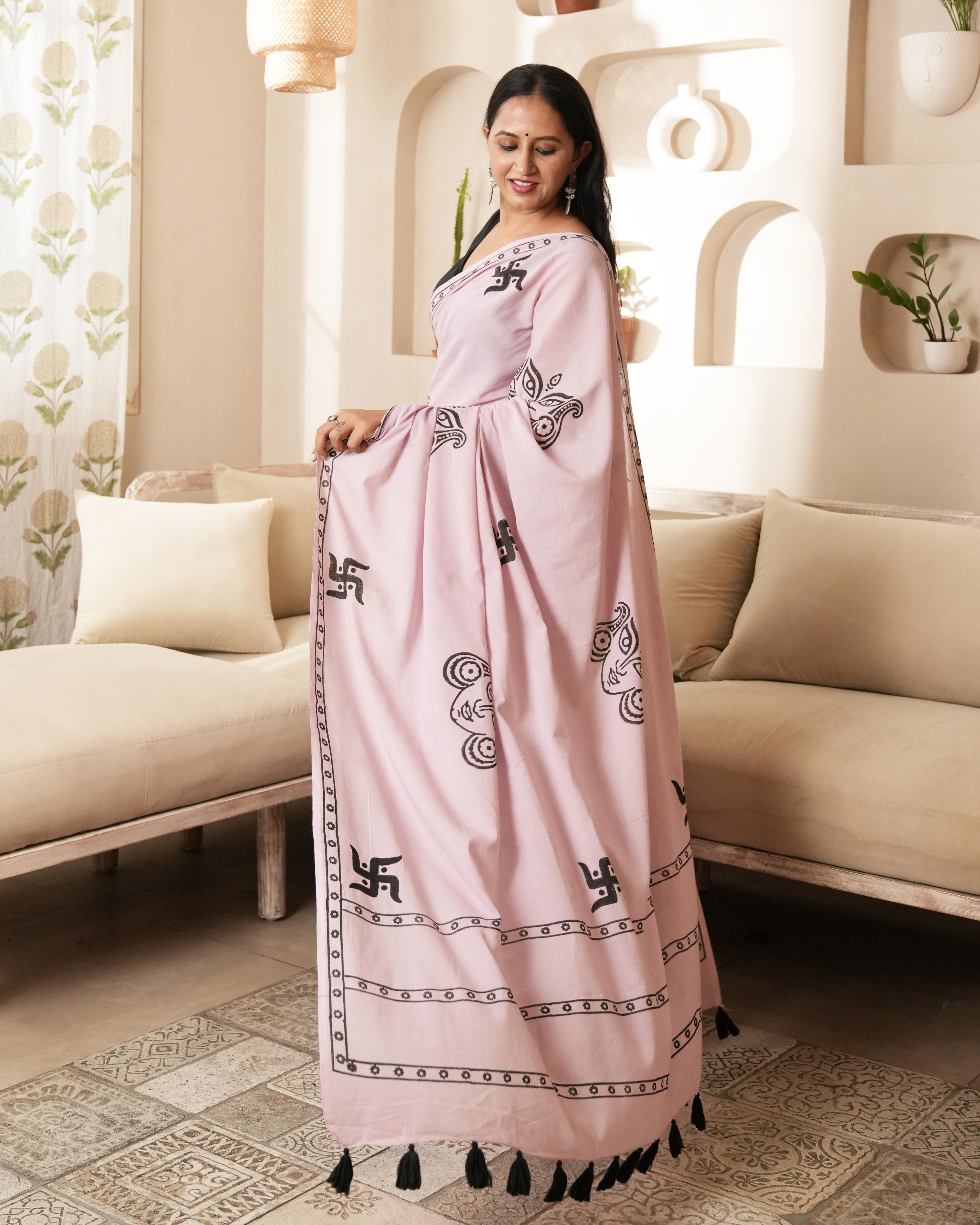 Handblock Print Mul Cotton Saree | Rose Pink Swastik Black Tassel for Festive & Spiritual Wear