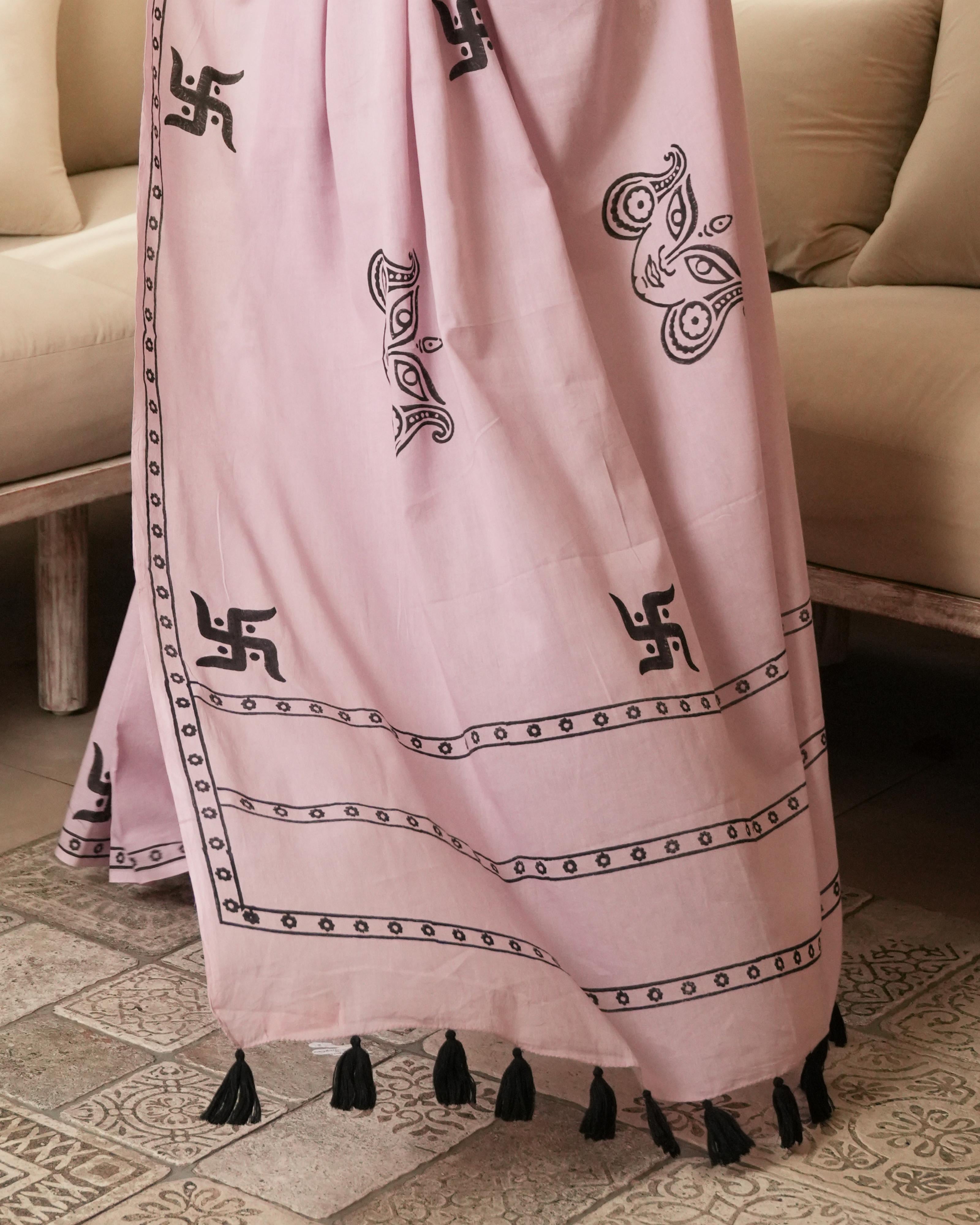 Handblock Print Mul Cotton Saree | Rose Pink Swastik Black Tassel for Festive & Spiritual Wear