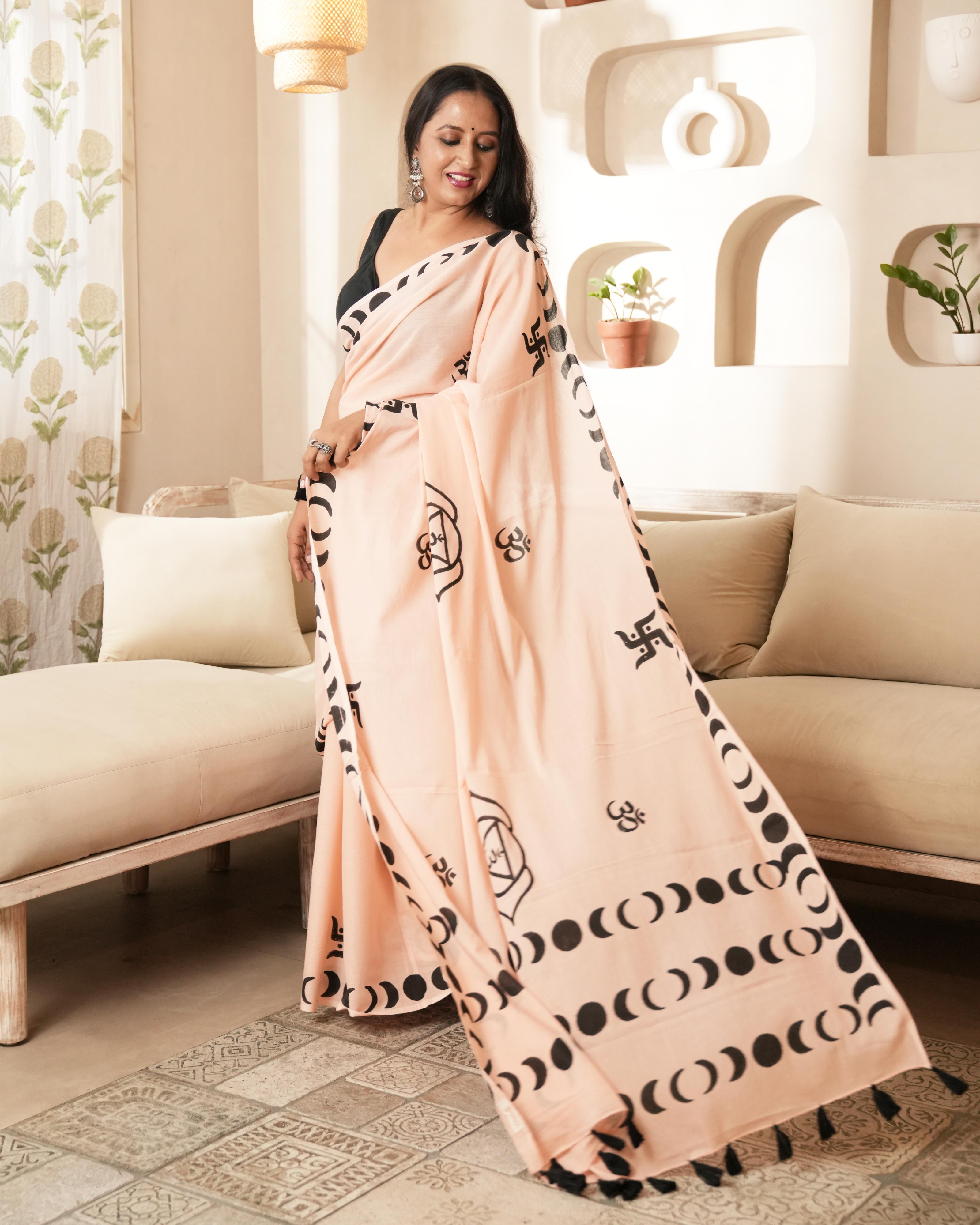 Handblock Print Mul Cotton Saree | Peach Crescent Om Black Tassel for Spiritual & Festive Wear