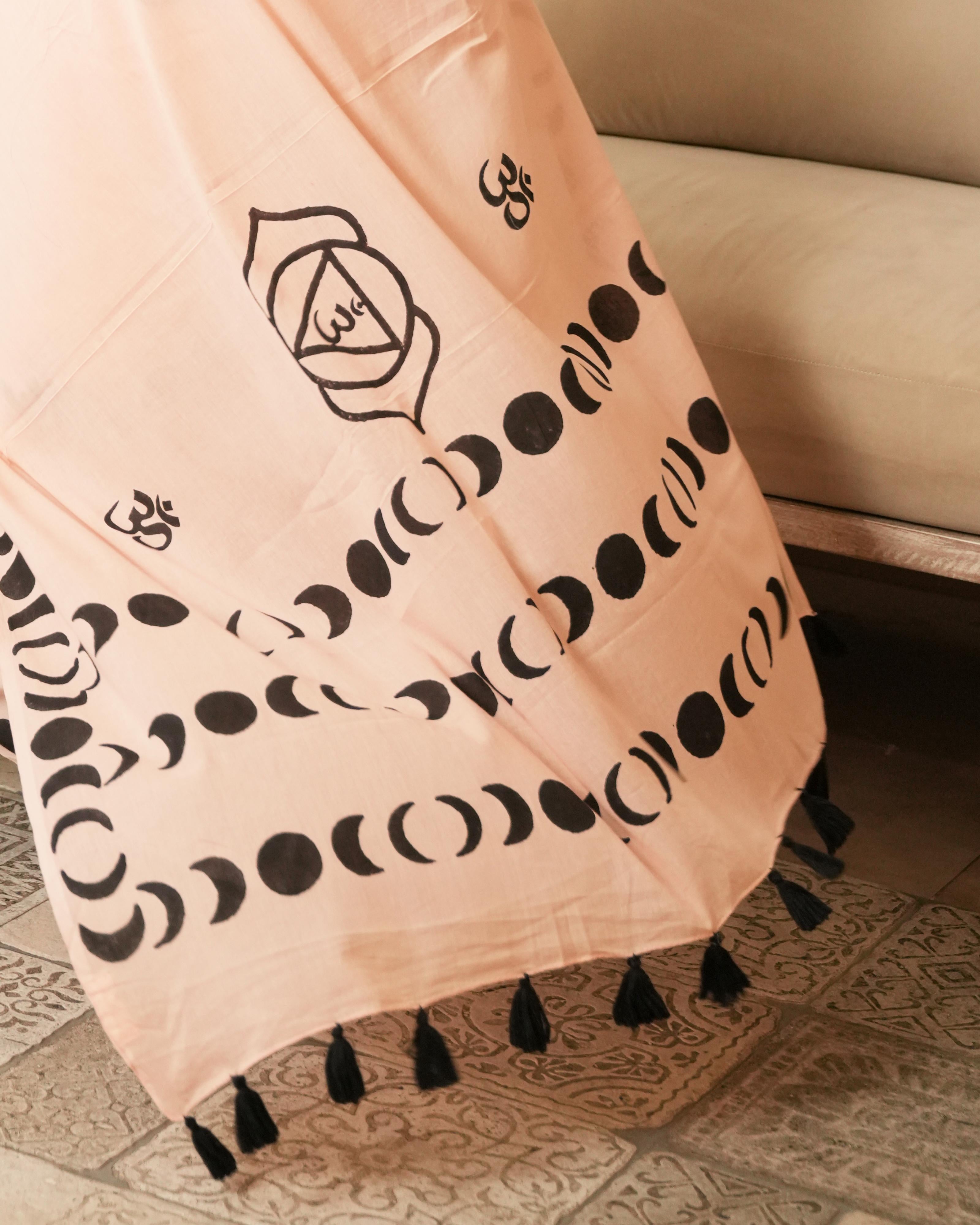 Handblock Print Mul Cotton Saree | Peach Crescent Om Black Tassel for Spiritual & Festive Wear