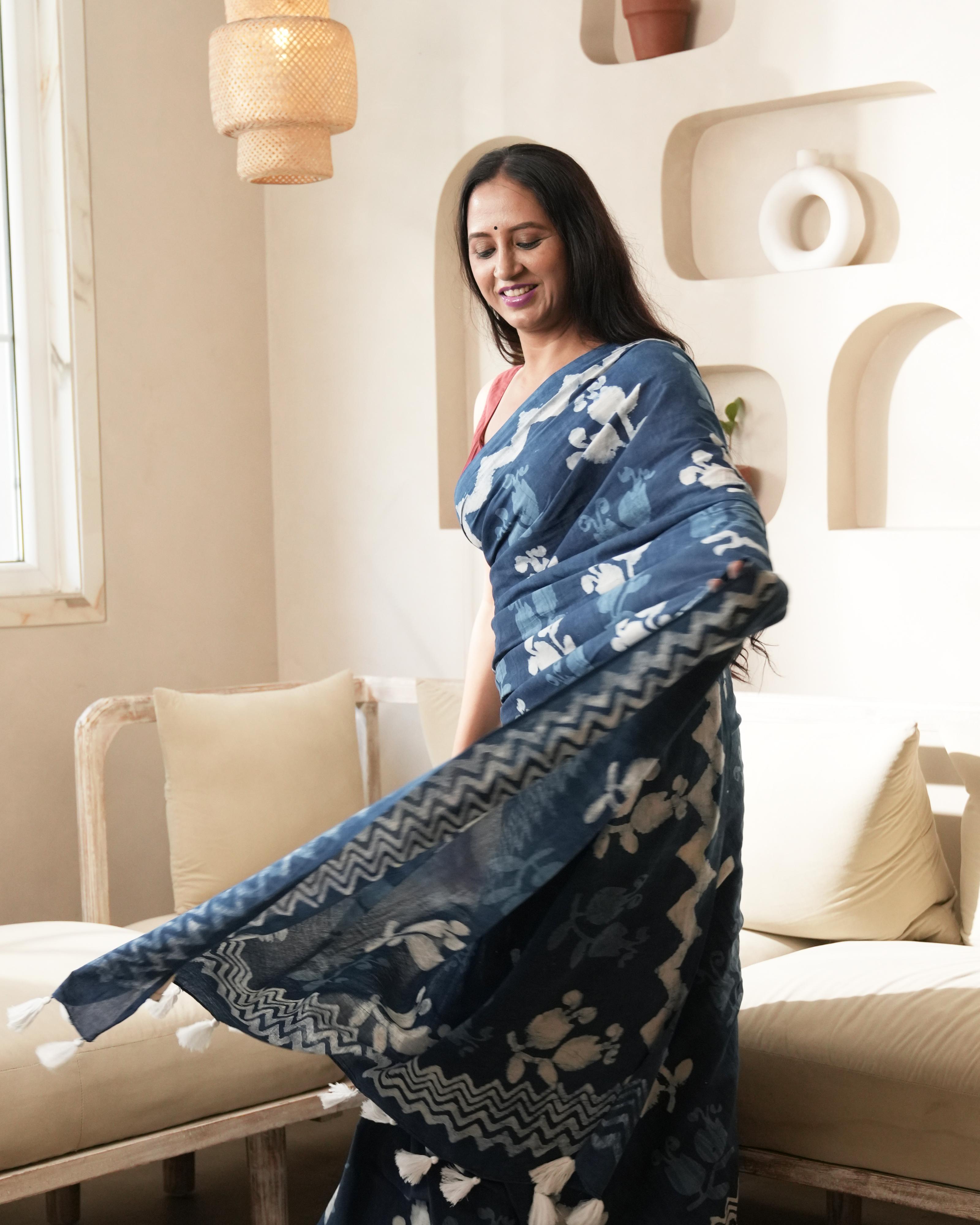 Dabu Print Mul Cotton Saree | Indigo Butta for Office, Gatherings & Festive Brunches