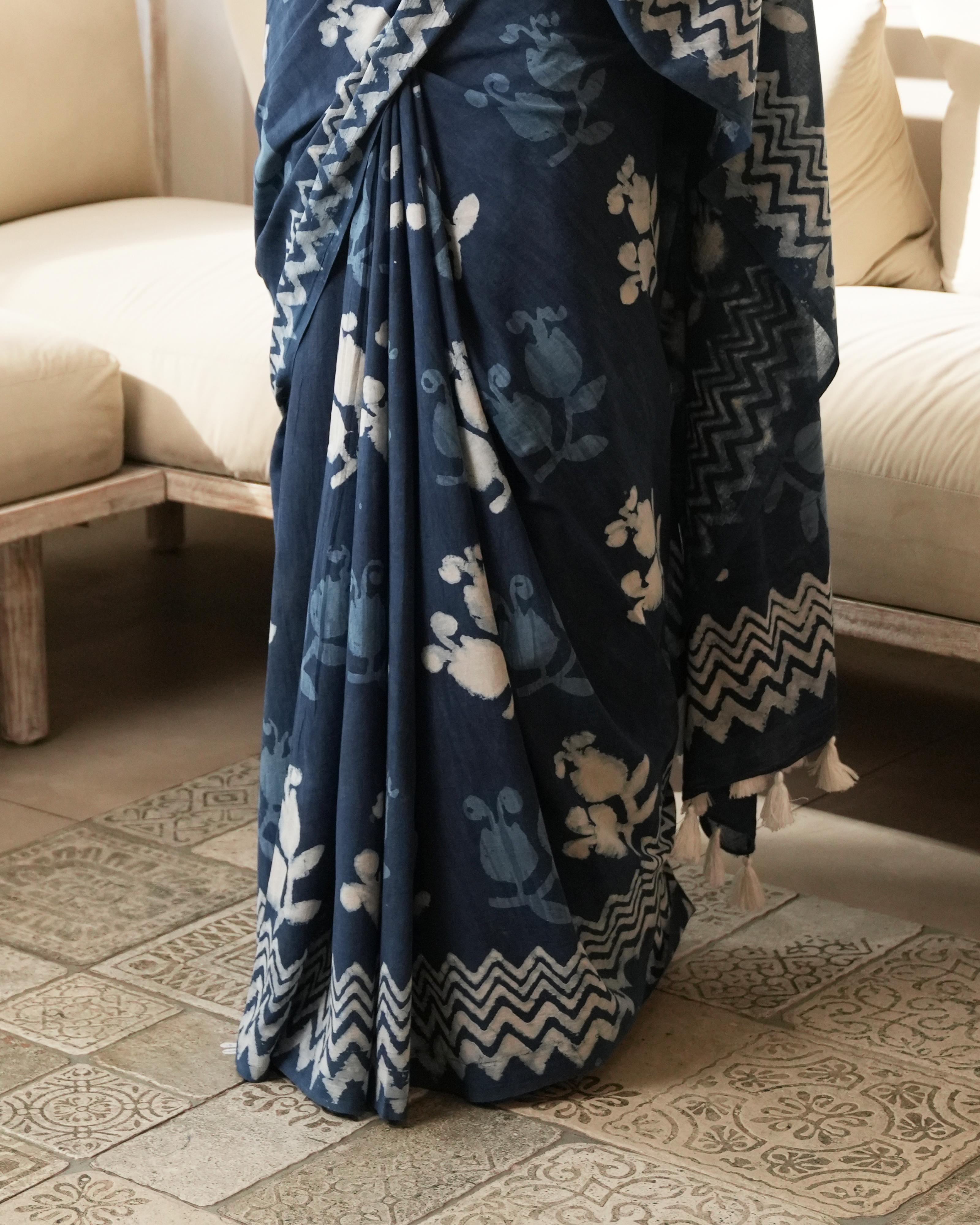 Dabu Print Mul Cotton Saree | Indigo Butta for Office, Gatherings & Festive Brunches
