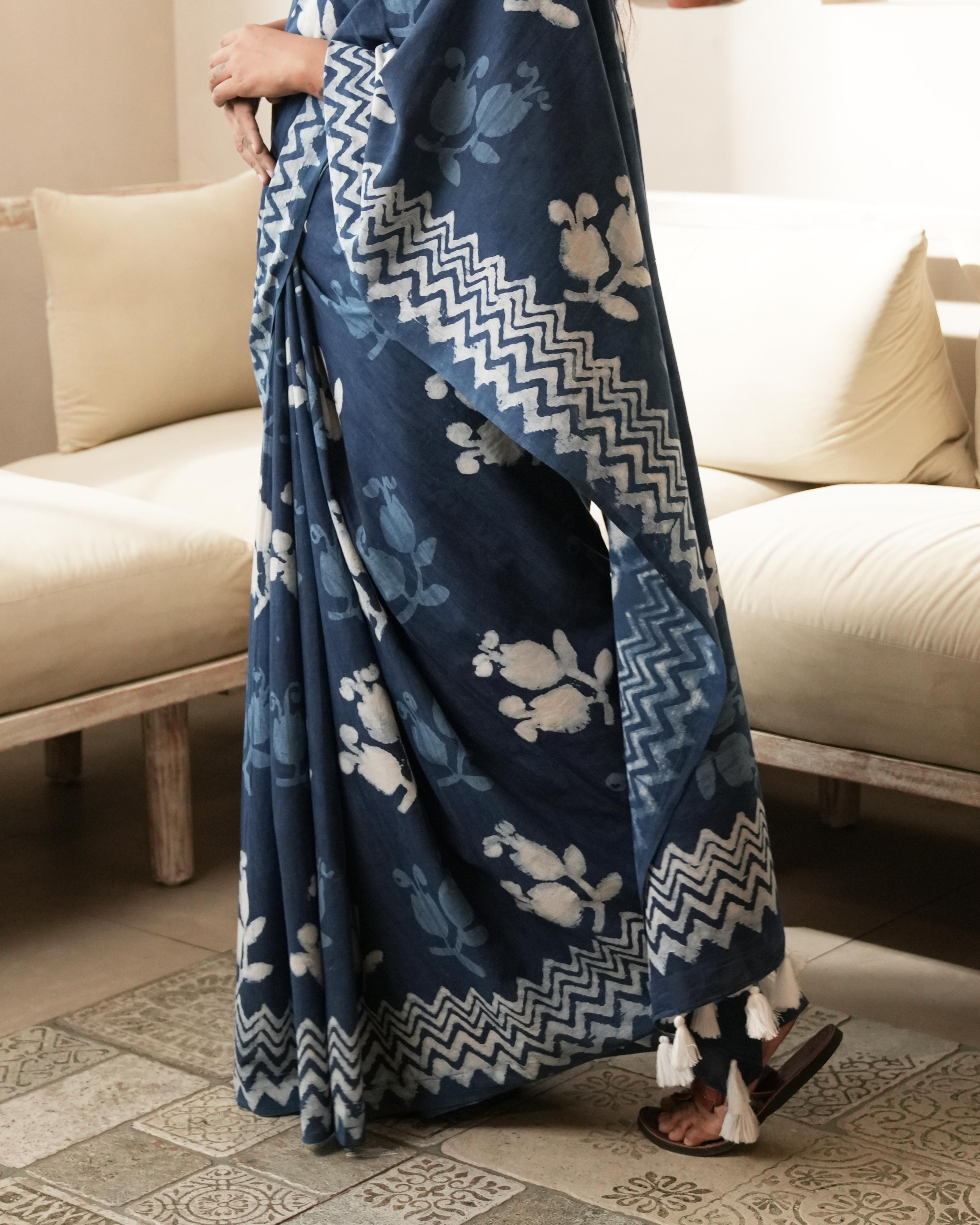 Dabu Print Mul Cotton Saree | Indigo Butta for Office, Gatherings & Festive Brunches